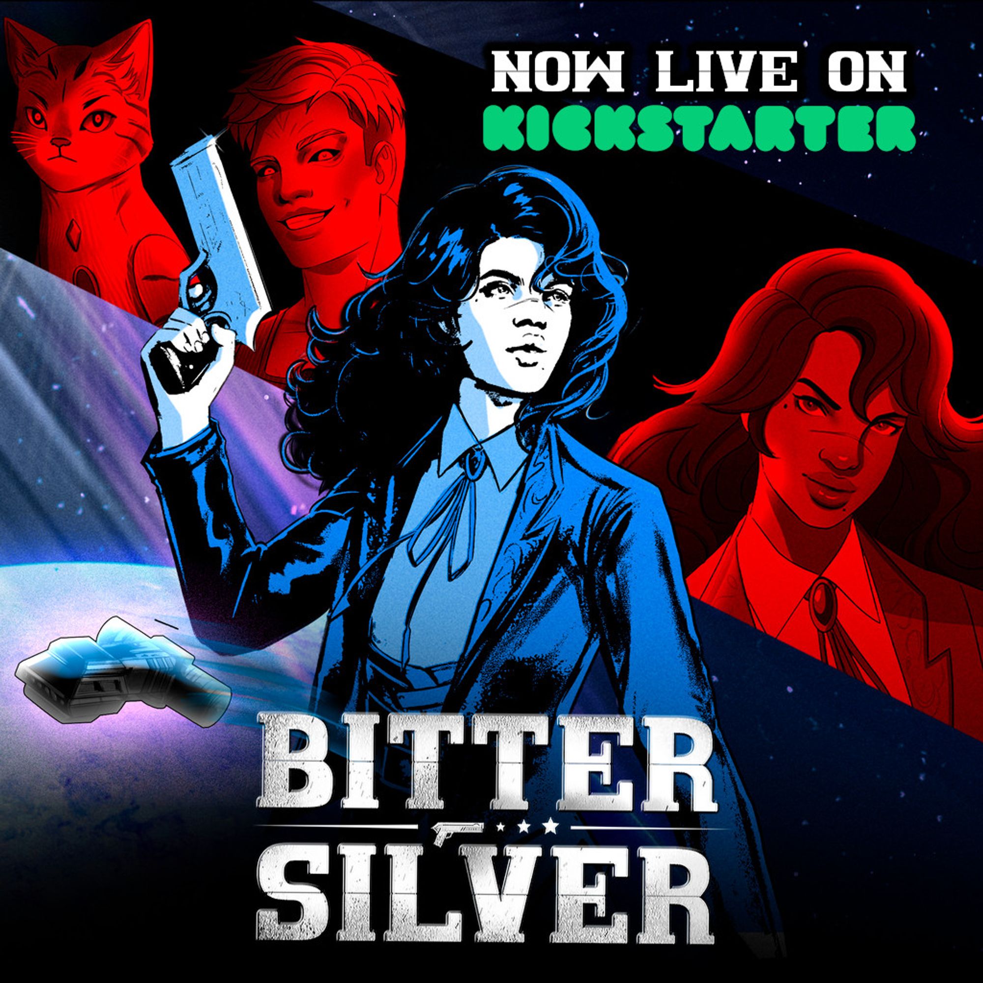 Bitter Silver key art with Lucia posing and Hobbes, Zap and Lucia in red with a space ship floating in the background