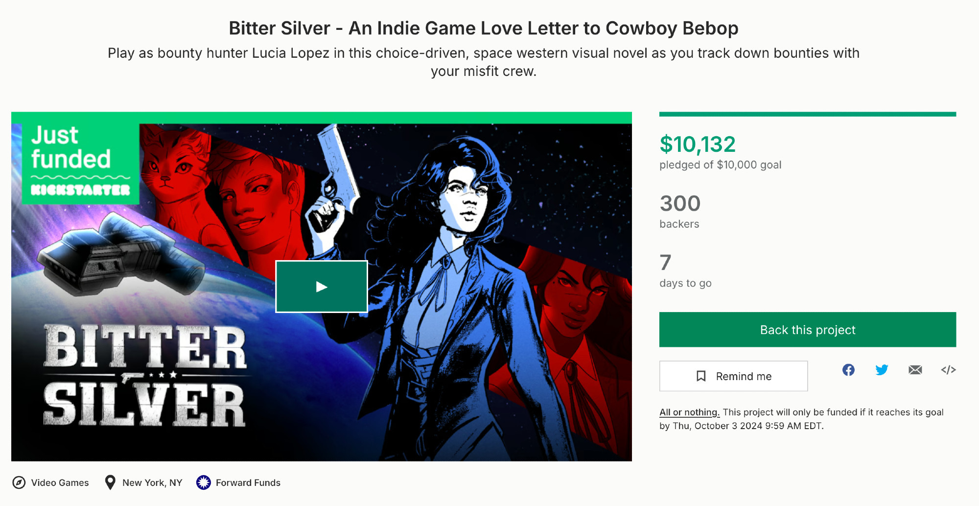 Bitter Silver Kickstarter screenshot saying $10,132 raised