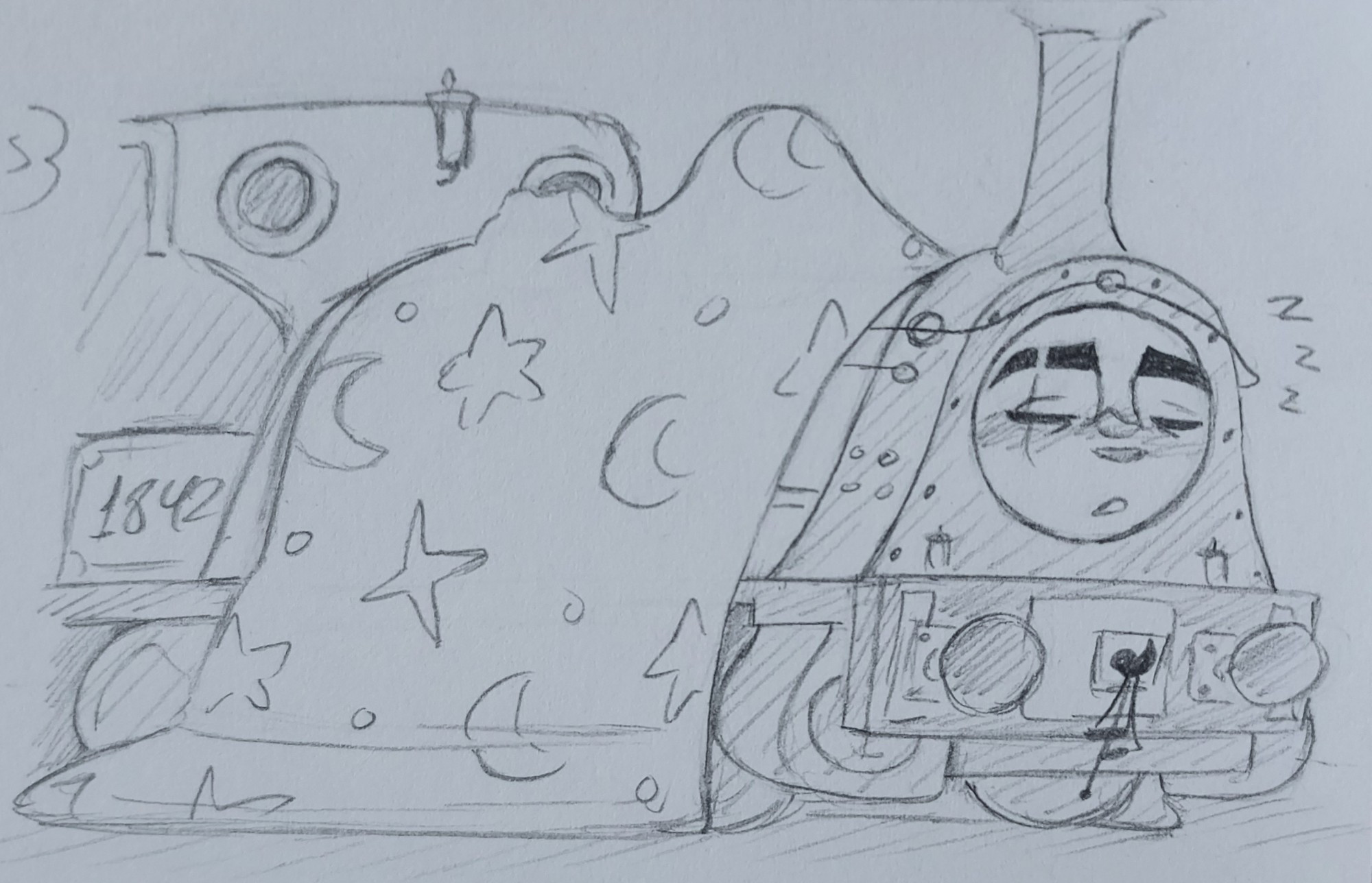 A pencil drawing of Sonny from Thomas and Friends sleeping with a blanket over him. Sonny is a well tank engine who wears the number 1842 on the side of his cab. In my depiction, he has scars on his face. The blanket is decorated with a star and moon pattern, he looks to be sleeping soundly.