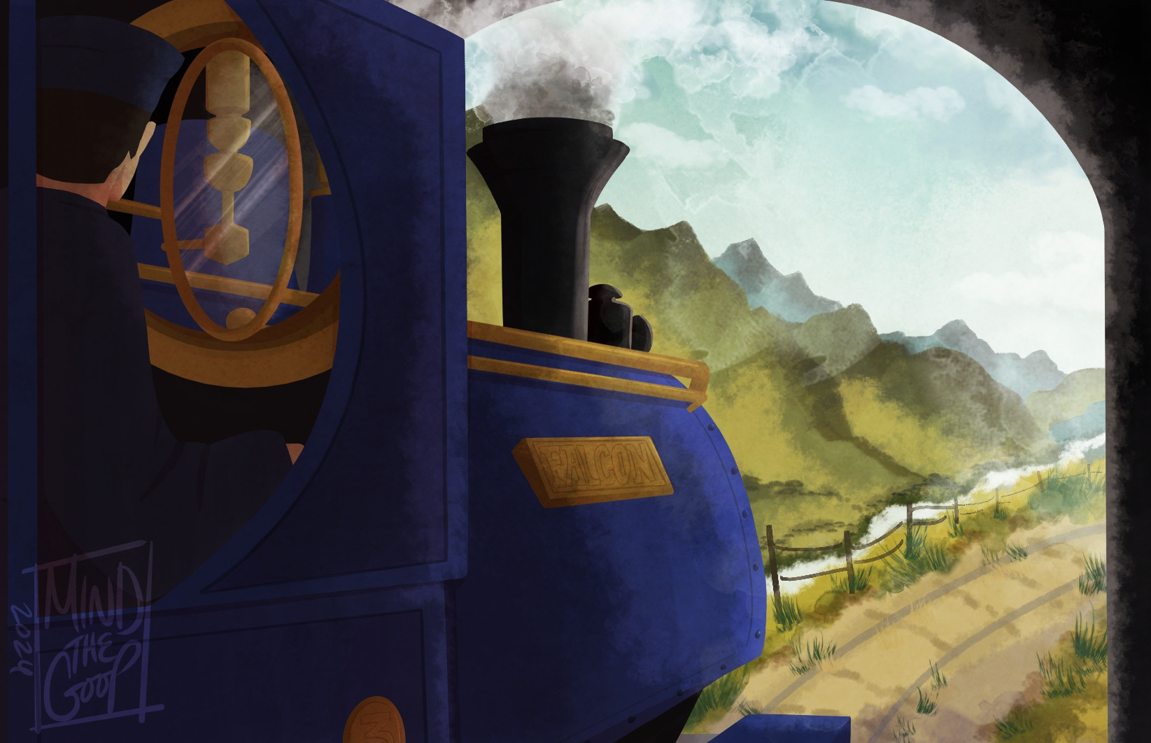 A digital painting recreating an illustration from the Railway Series books. A blue narrow gauge tank engine, Falcon, emerges from a dark tunnel into a bright, hilly, green landscape, a stream can be seen below.