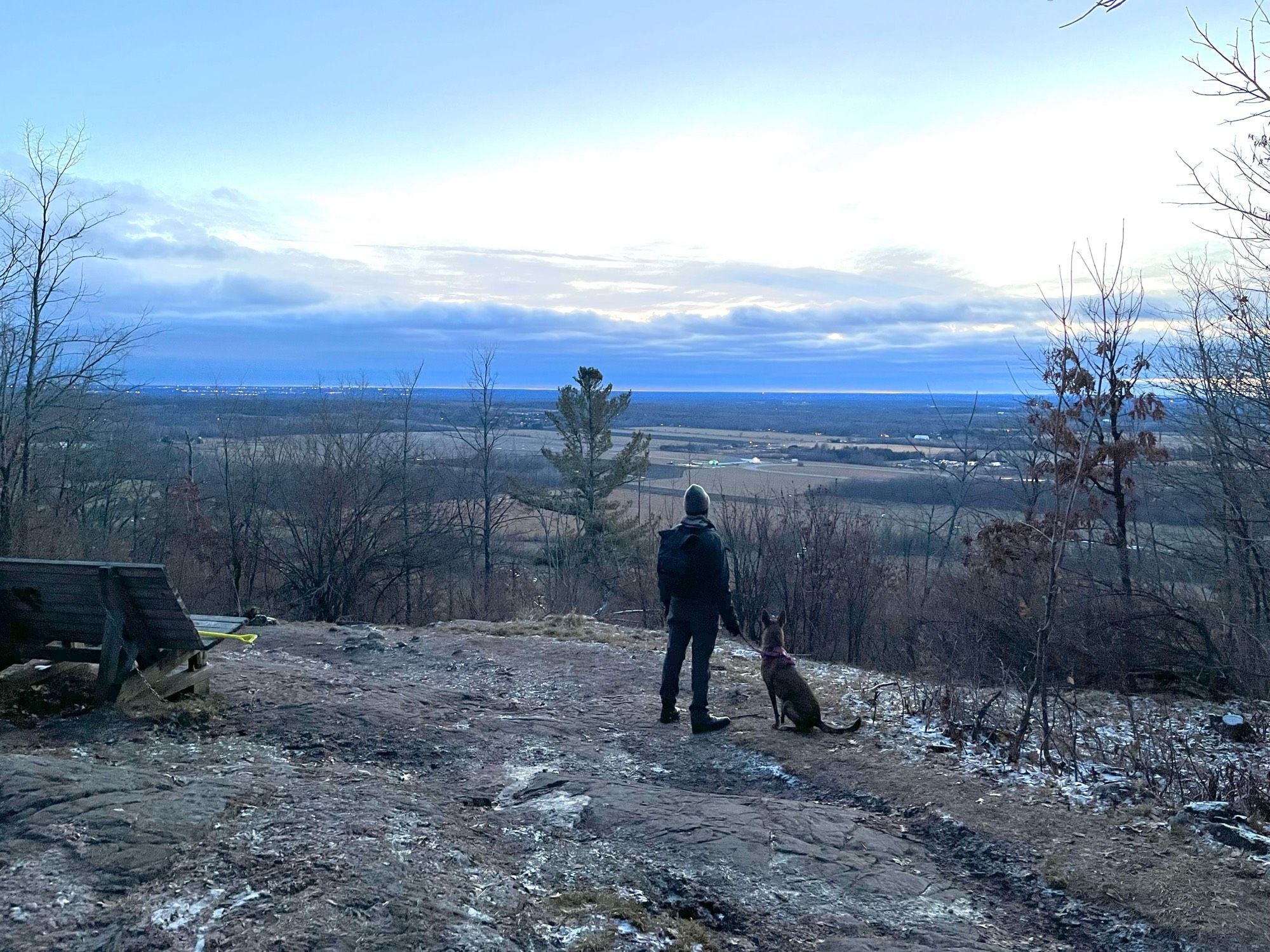 A man and his dog overlooking a peak