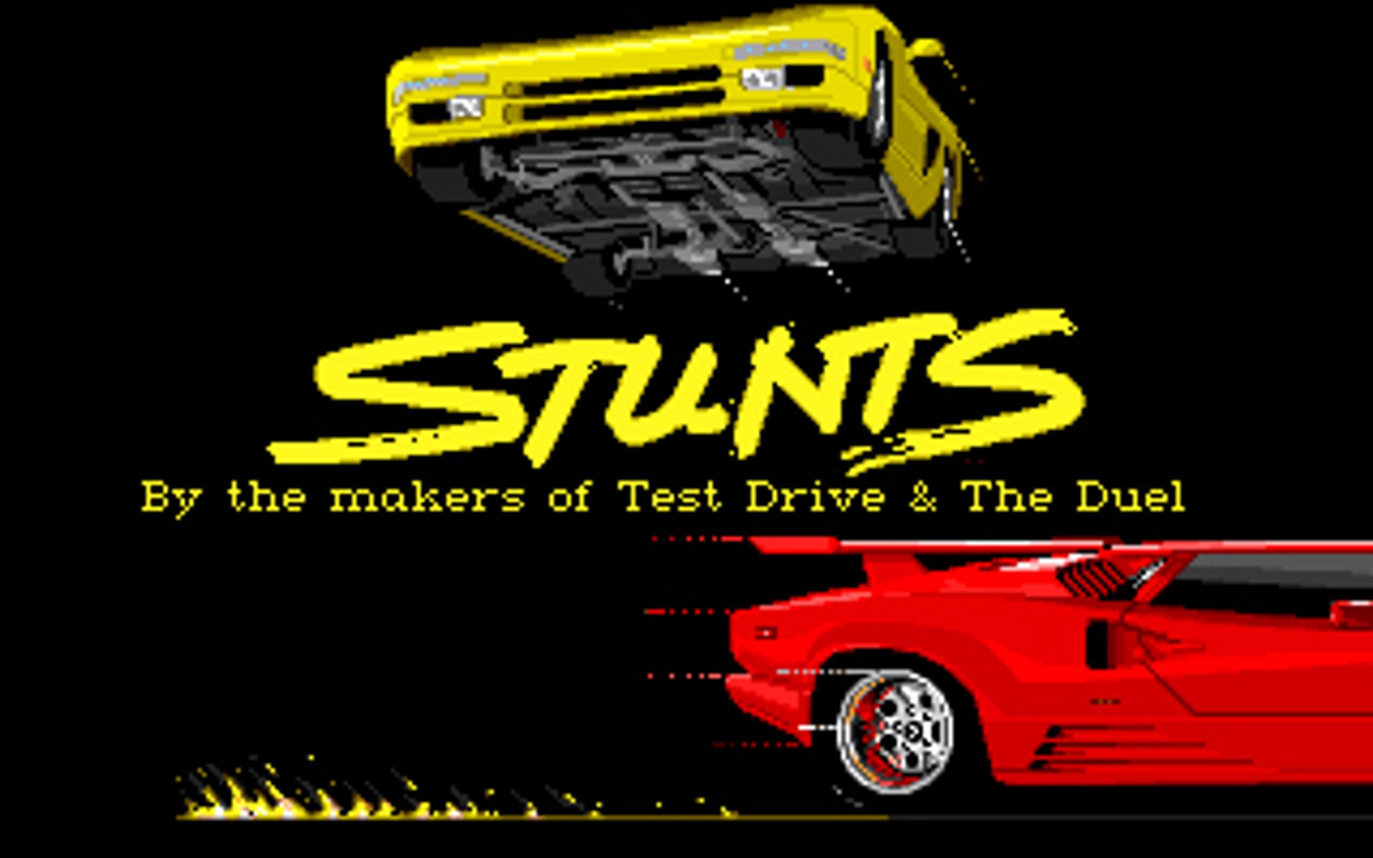 Title screen from Brøderbund Sotfware’s 1990 racing game Stunts. A pixel art yellow sports car leaps the title as a red one departs stage left below, a thread of flame behind the tyres