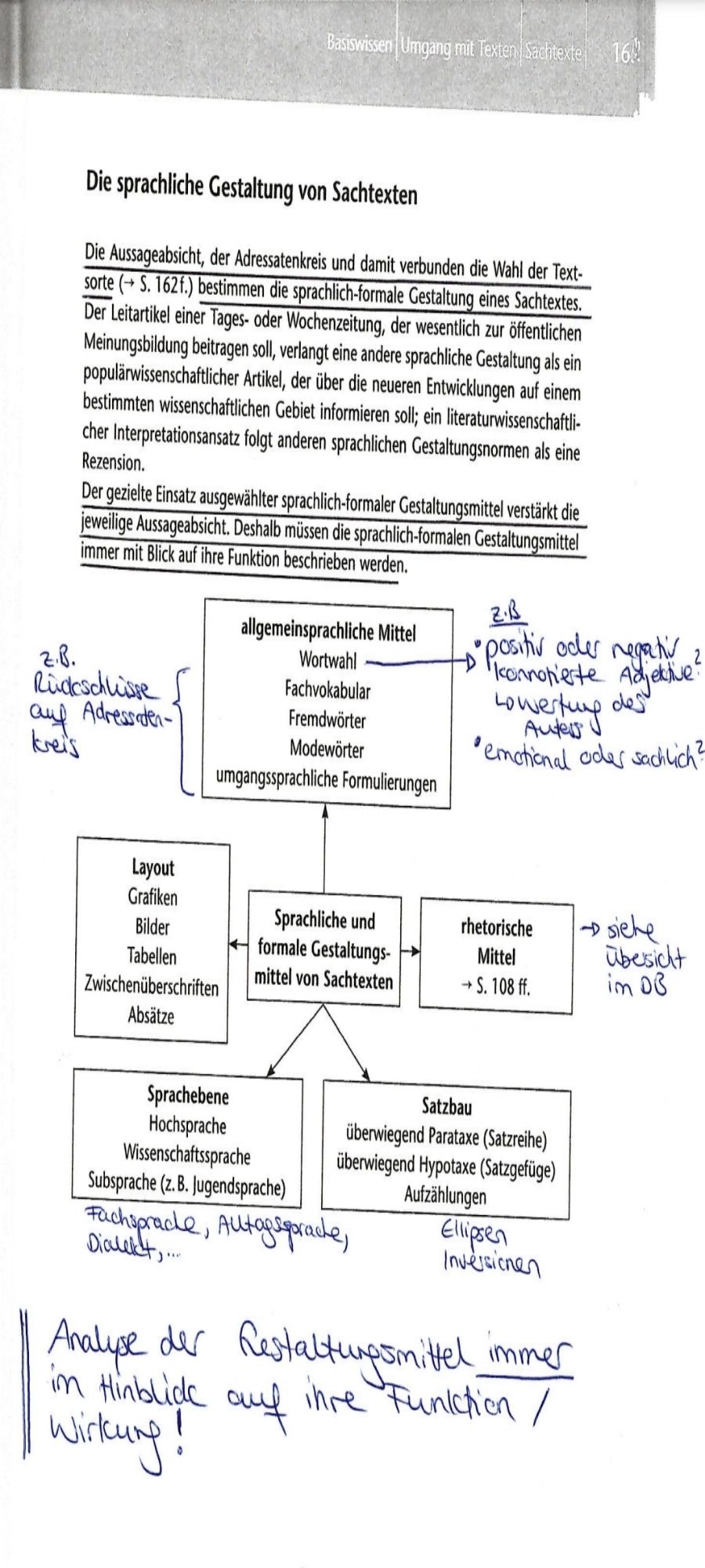 Kopie mit Informationen zur sprachlichen Gestaltung von Sachtexten aus einem unbekannten Deutschbuch.