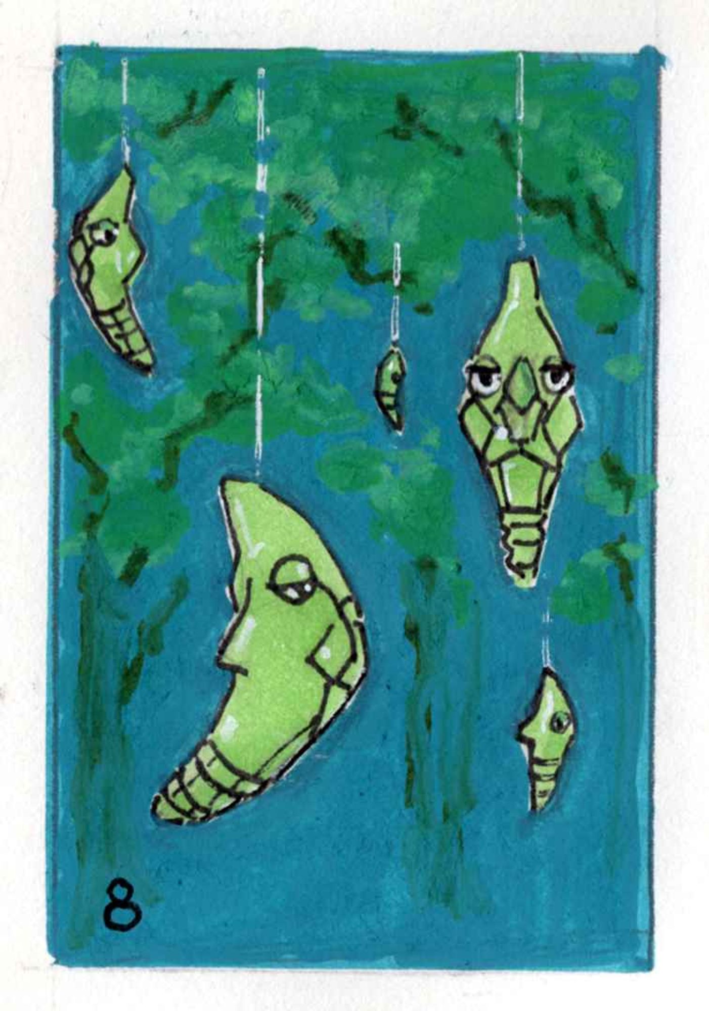 a little painting on paper of several of the coccoon pokemon metapod hanging by thin strands of silk from some rough abstract trees.  i've always myself pictured metapod as a green banana with a nose sticking out of it, but its meant to be like a butterfly crysillis, specifically the monarch i think was the inspiration.