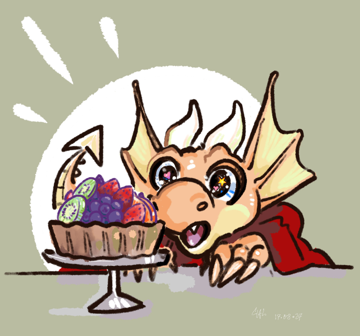 a little kobold is looking at a lovely fruit tart on top of a counter with an open mouth and eyes full of wonder.