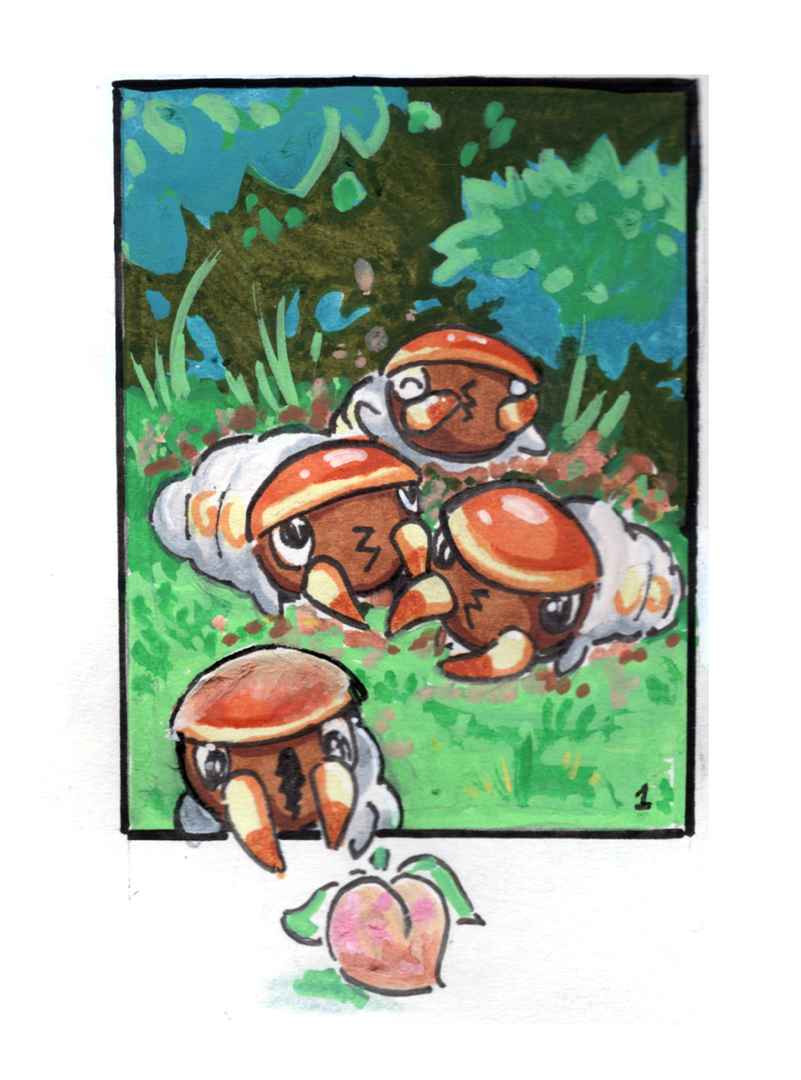 a little painting on paper of four grubbin pokemon. they're basically larvae/grubs with pinchers and little dome hats. one is digging in the dirt, two are just chilling, and one is climbing out of the square frame to look at a pecha (peach) berry.