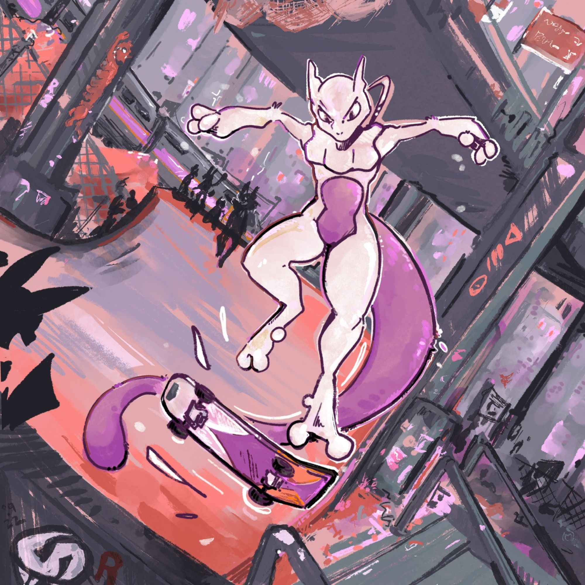 digital art done in Procreate of the  pokemon mewtwo (large biped psychic cat-like scifi monster) doing a kickflip on a skateboard on a halfpipe while pokemon and humans cheer. it's set in a skatepark under an overpass outside of boston's north station.