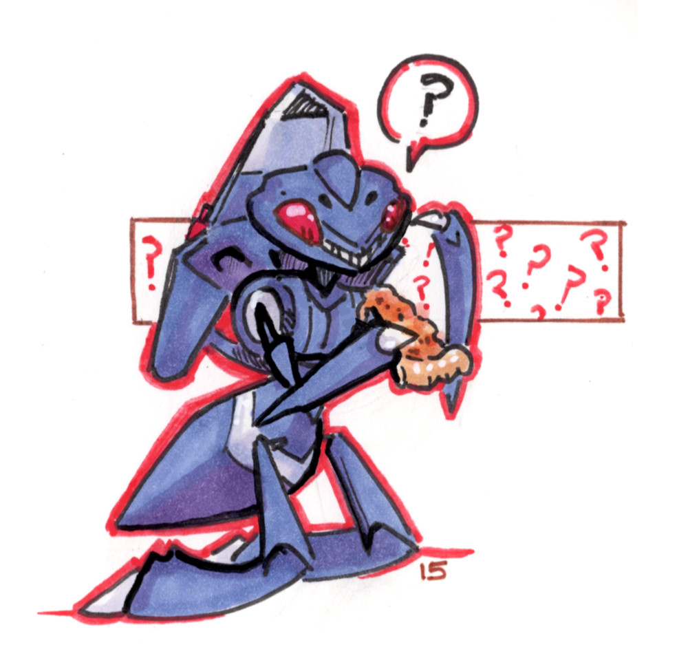 art of the modified legendary bug genesect. we dont know what its true original form looks like because much like mew:mewtwo team plasma modified it to have a giant canon on its back. i drew this one puzzling over a slice of pizza. how does this cyber ant eat.