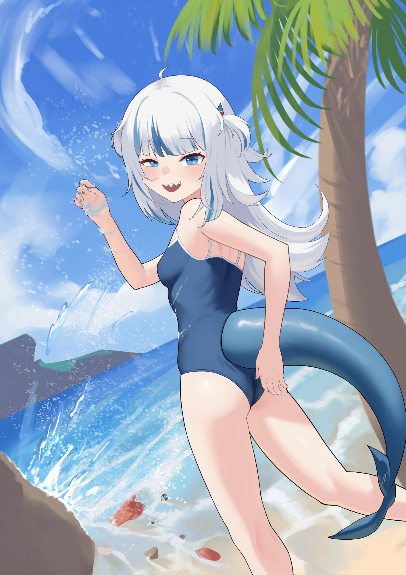 An illustration of Gawr Gura from Hololive having fun at the beach!