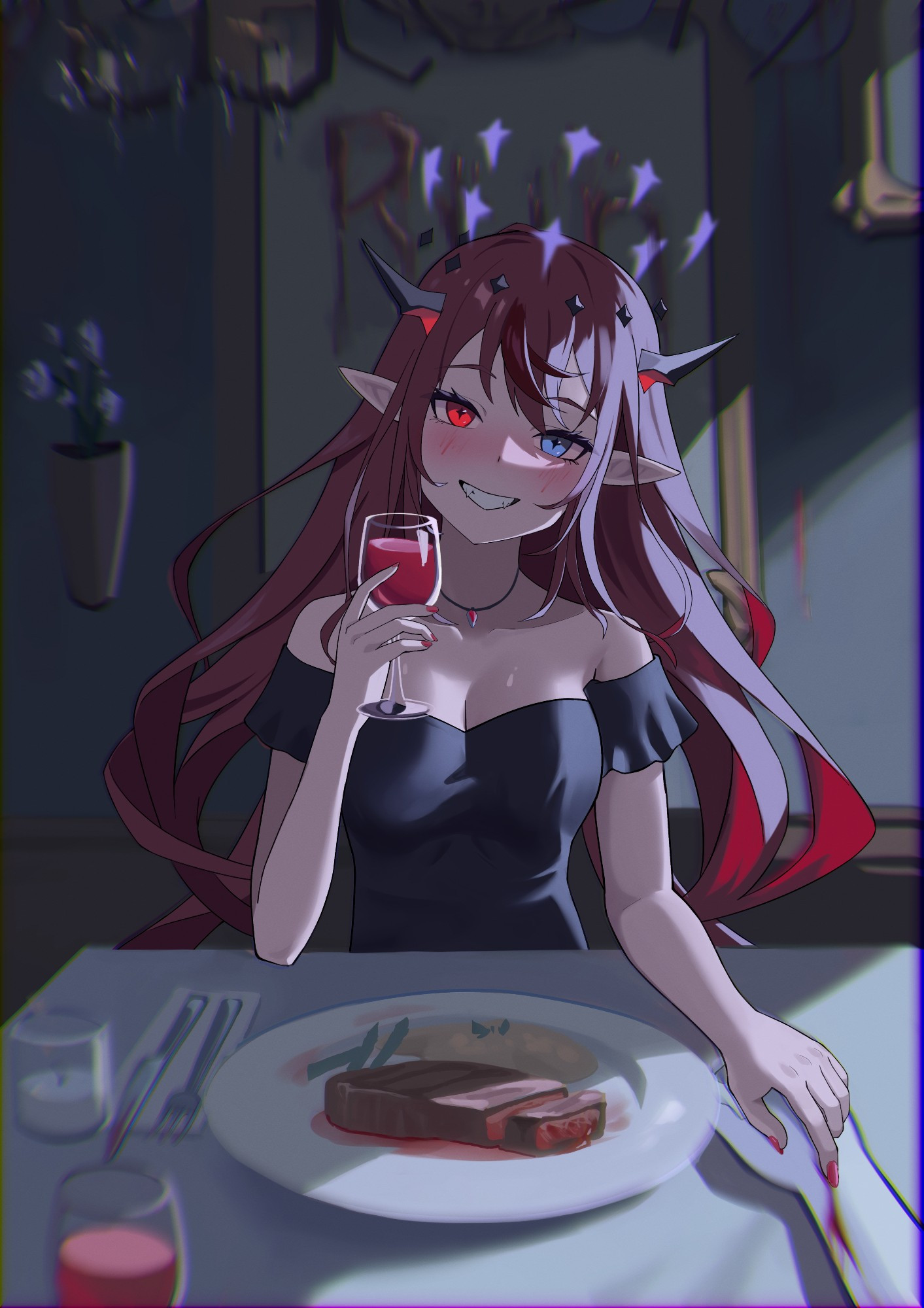 Drawing of IRyS from Hololive English Promise. It's from the viewer's POV and you are in a dinner date setting, but she doesn't want you to leave...