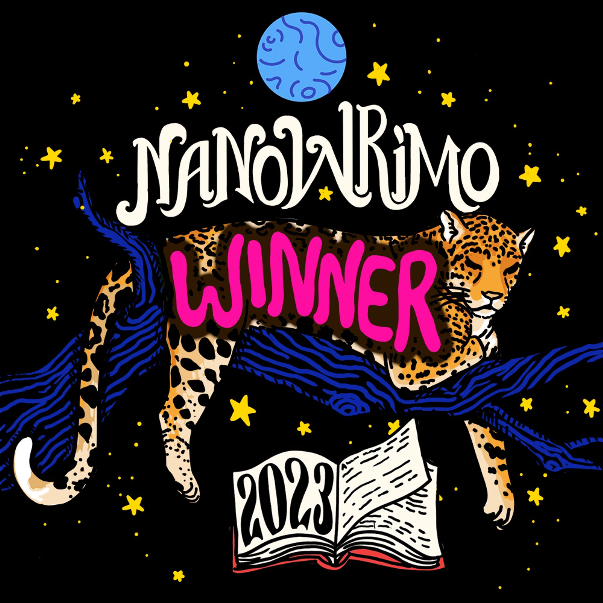 NaNoWriMo winner badge featuring black background, blue tree with leopard lounging on it, and an open book underneath that reads 2023.