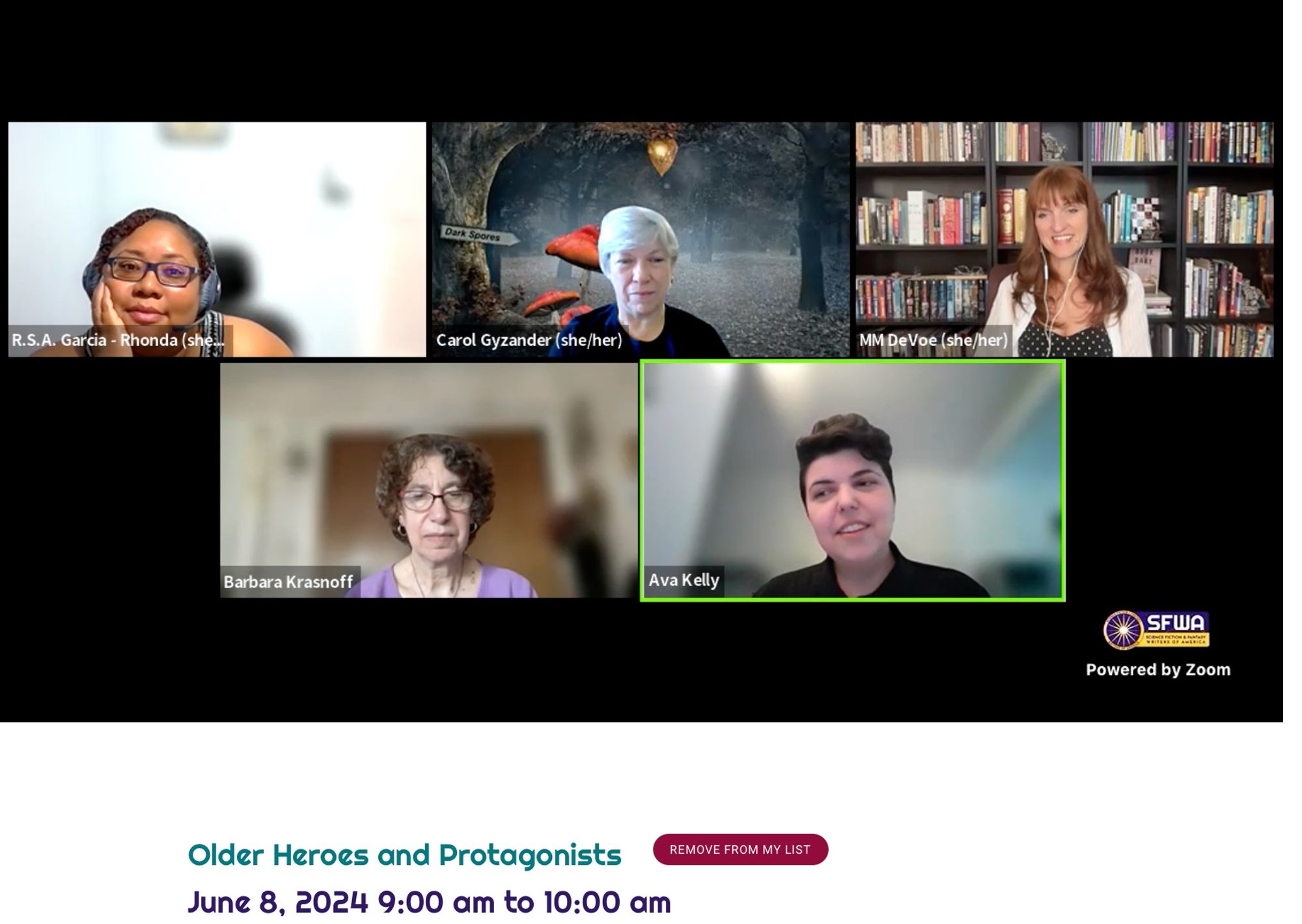 Screenshot of five speakers from the SFWA Nebula 2024 conference, Older Heroes and Protagonists.