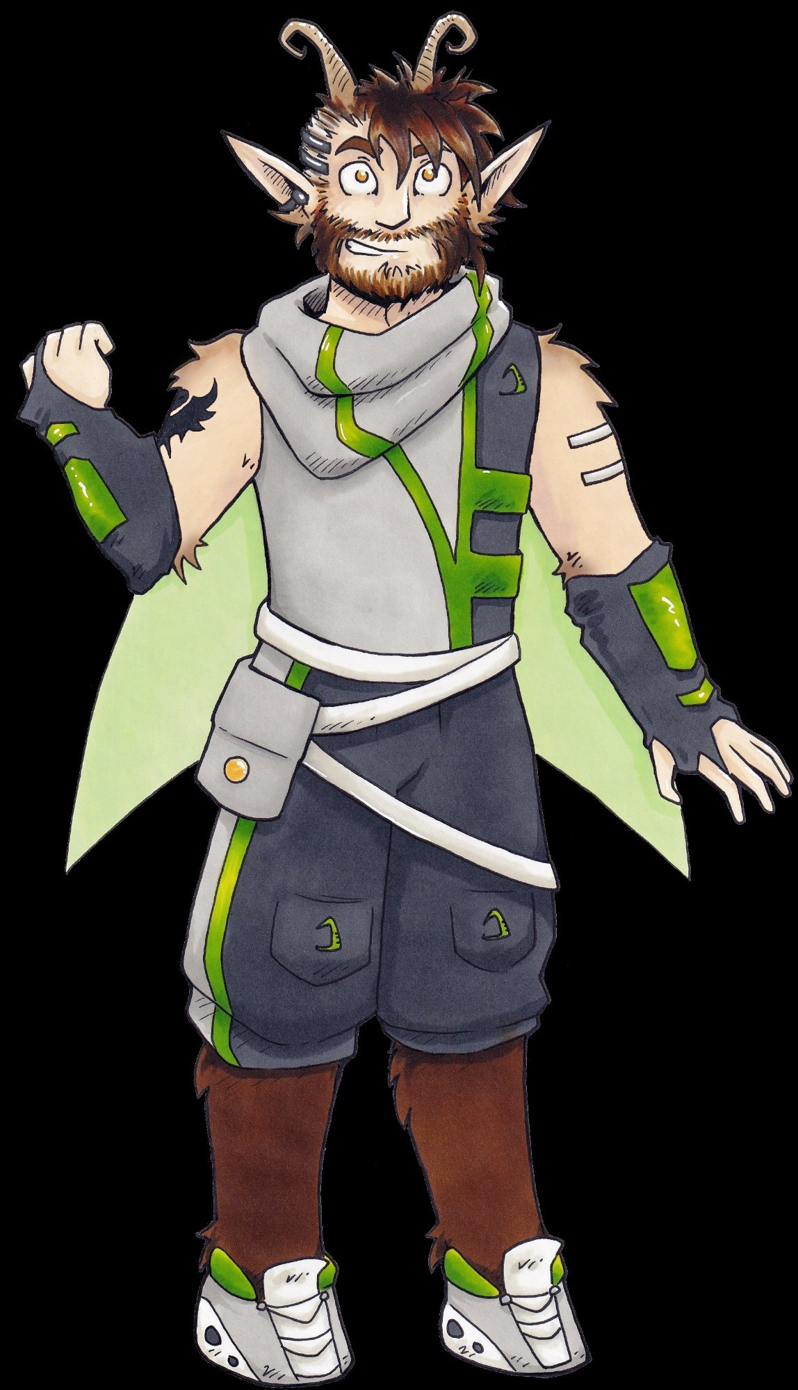 Loxley, a satyr wearing grey athleisure wear with green highlights.