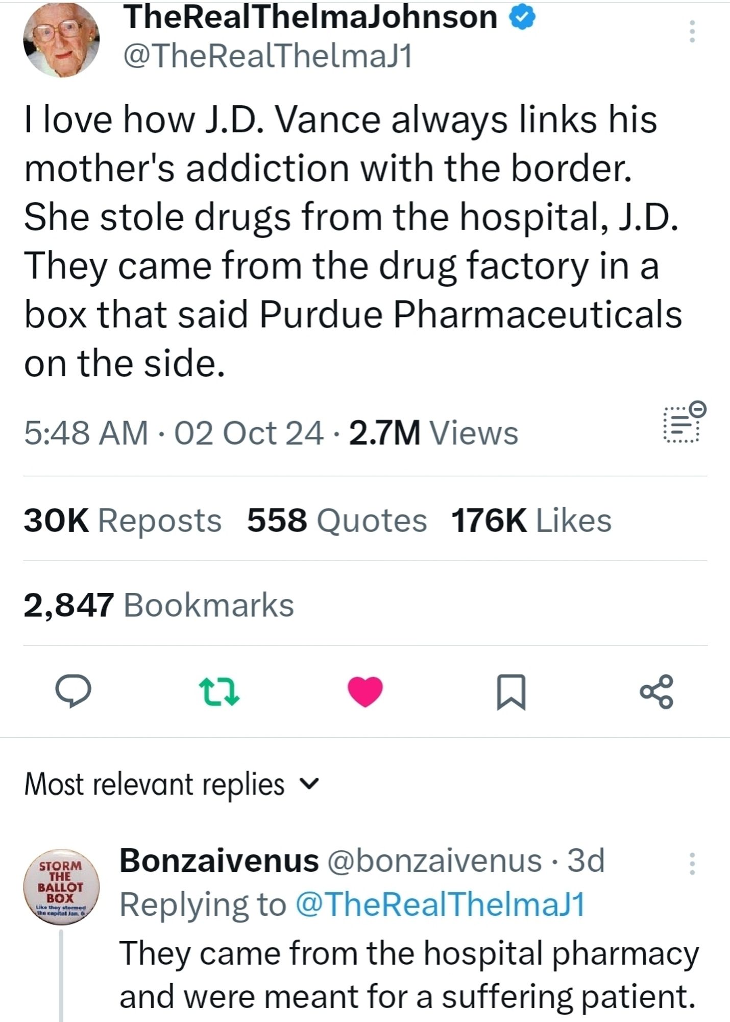 I love how J.D. Vance always links his mother's addiction with the border.  She stole drugs from the hospital, J.D.  They came from the drug factory in a box that said Purdue Pharmaceuticals on the side.