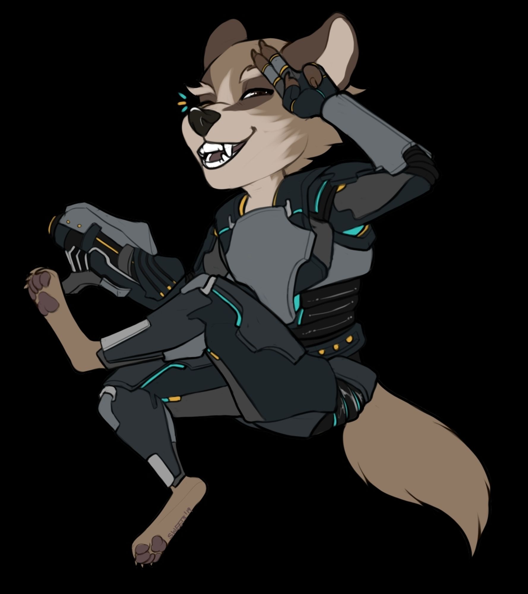 Alfonso poses in his bounty hunting gear with self modified galactic federation armor and a standard galactic federation arm canon