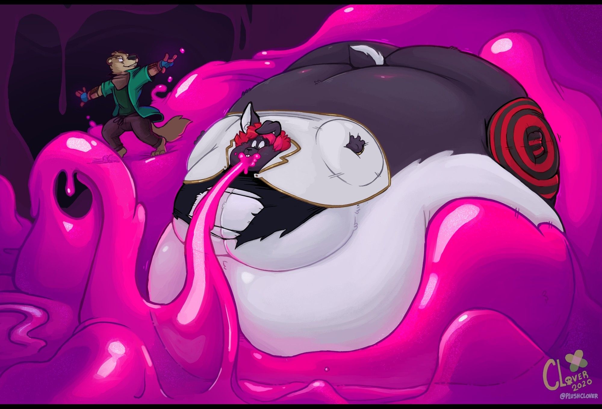 Alfonso is using his slime magic to inflate his rabbit friend into a large rotund shape, with more slime awaiting his growing form