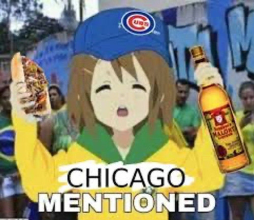 picture of an anime girl wearing a cubs cap and holding an Italian beef and bottle of malort, caption says "CHICAGO MENTIONED"