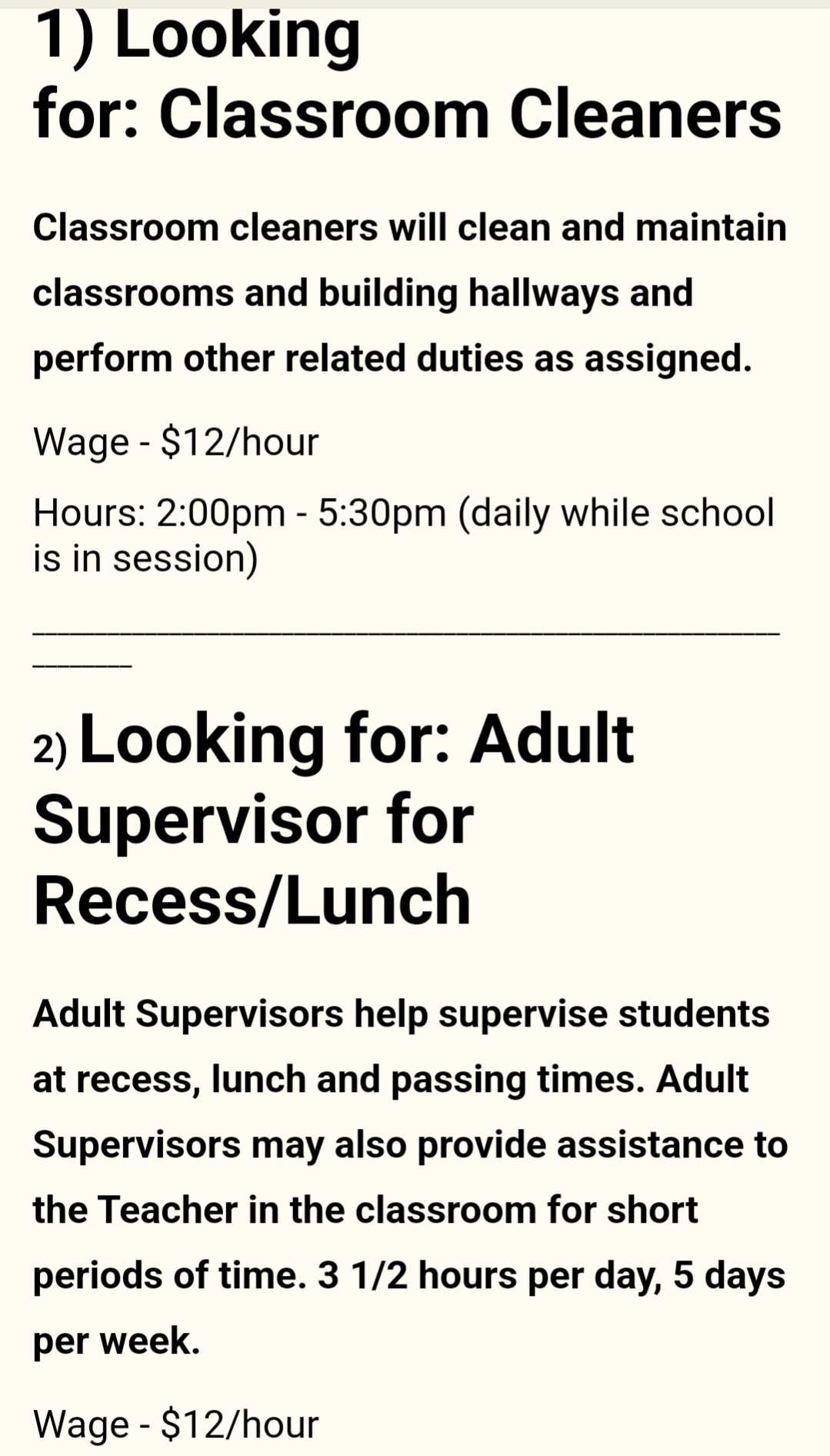 Scree shot of public school job postings for cleaners and supervisors at $12/hr. That is the state minimum wage and on Maui a livable wage is more than $22/hr