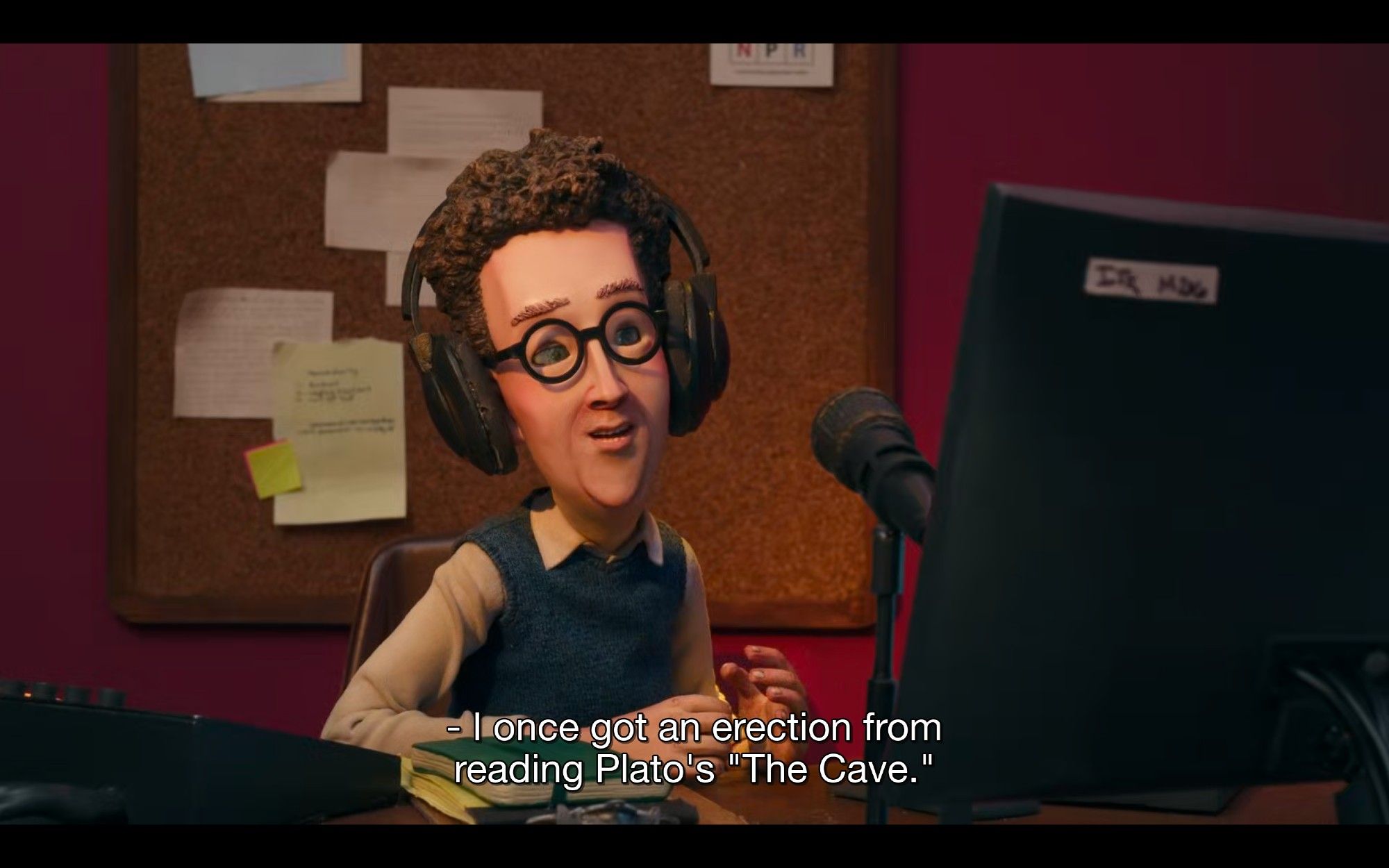 Scene from Mike Judge's new show In The Know where the host is saying "I once got an erection from reading Plato's 'The Cave'" to show how relatable he is...