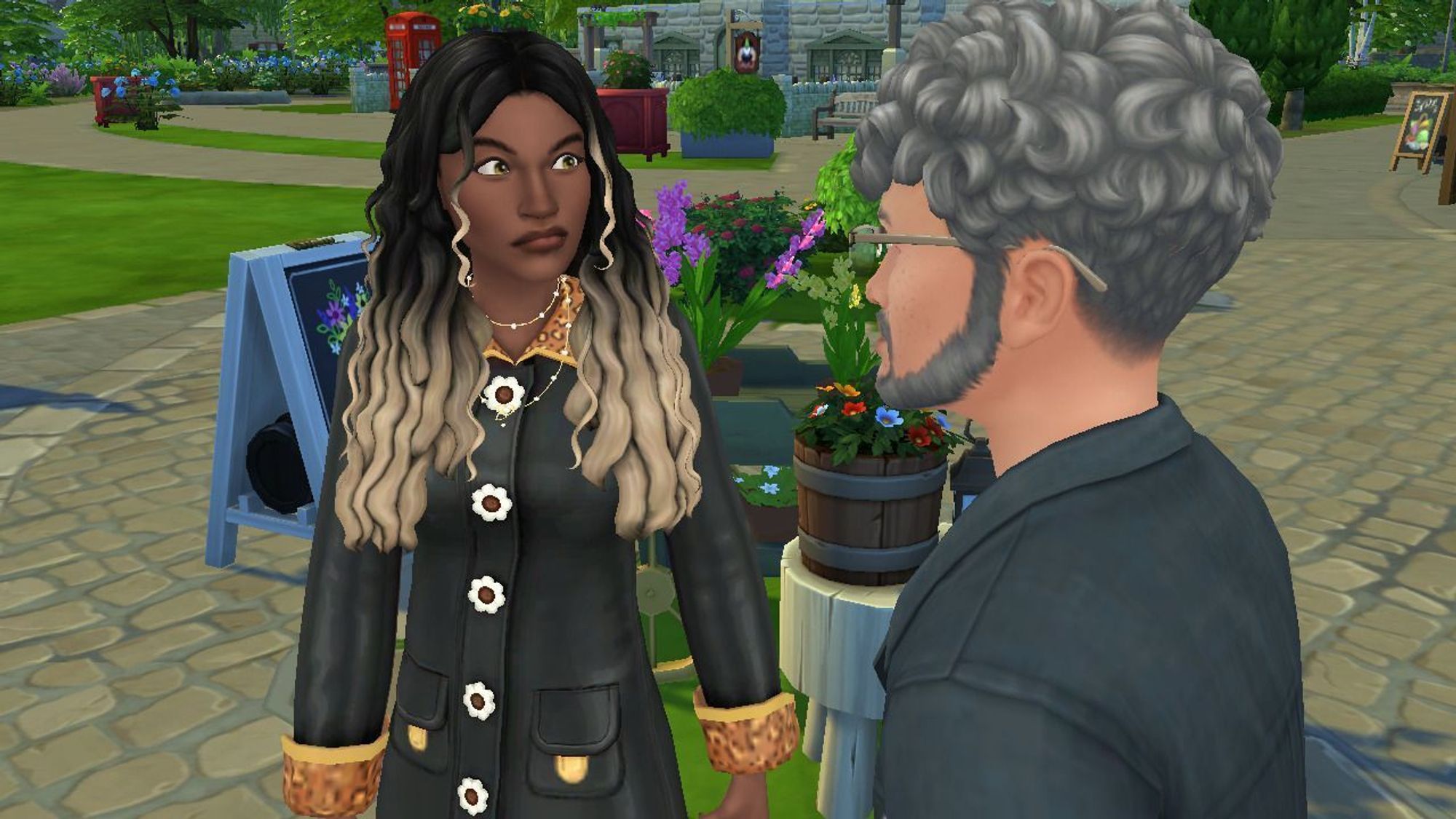 Luna is wearing a black vintage jacket with leopard print cuffs & a collar, and white flower buttons. She is frowning & looks angry at being approached by an elderly man with curly, gray hair. 