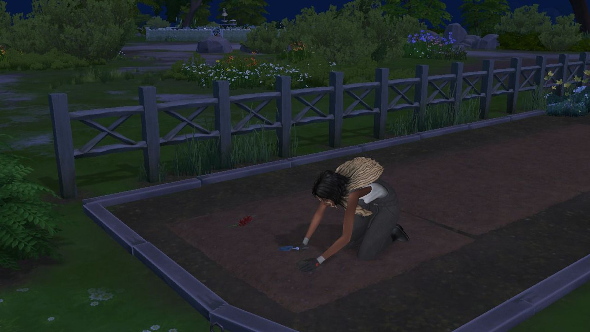 In the middle of the night, Luna is planting snapdragons & lilies while wearing a gray overalls.