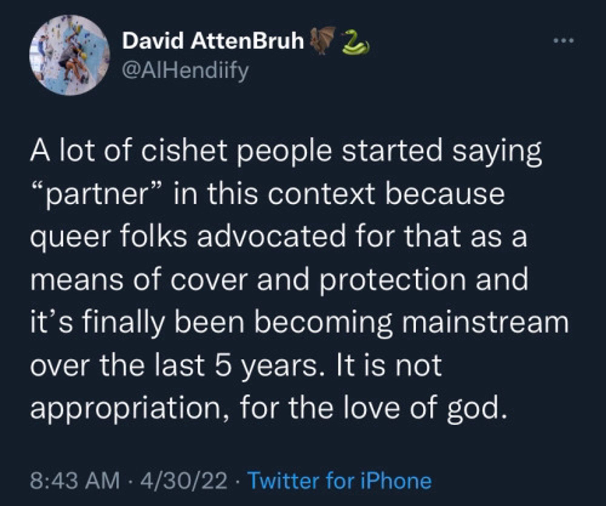 tweet from david attenbruh

A lot of cishet people started saying
"partner" in this context because queer folks advocated for that as a means of cover and protection and it's finally been becoming mainstream over the last 5 years. It is not appropriation, for the love of god