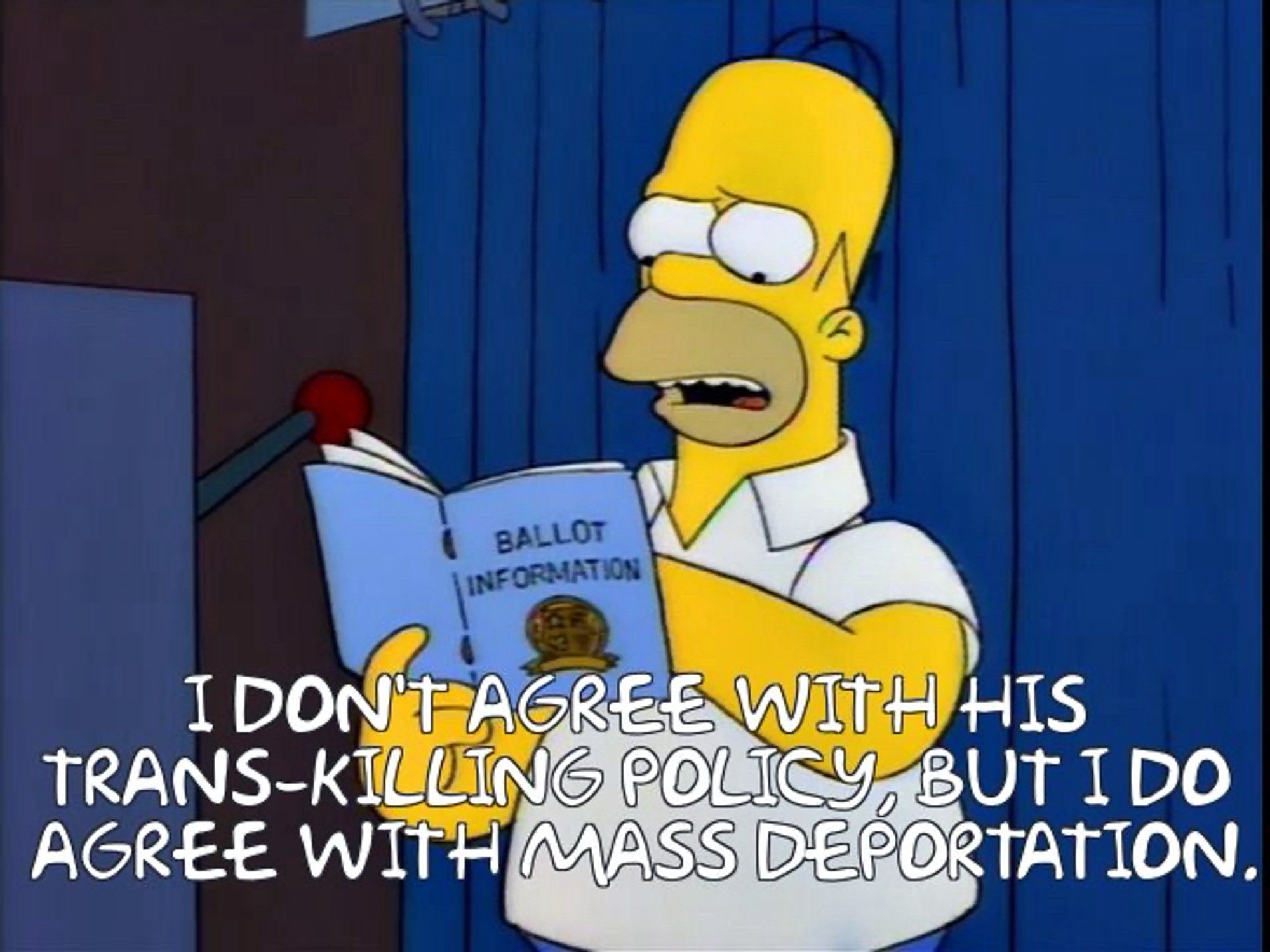 homer reading a pamphlet of ballot information in the voting booth. he says “I don’t agree With his
TRANS-KILLING POLICY, BUT I DO AGREE WITH MASS DEPORTATION.”