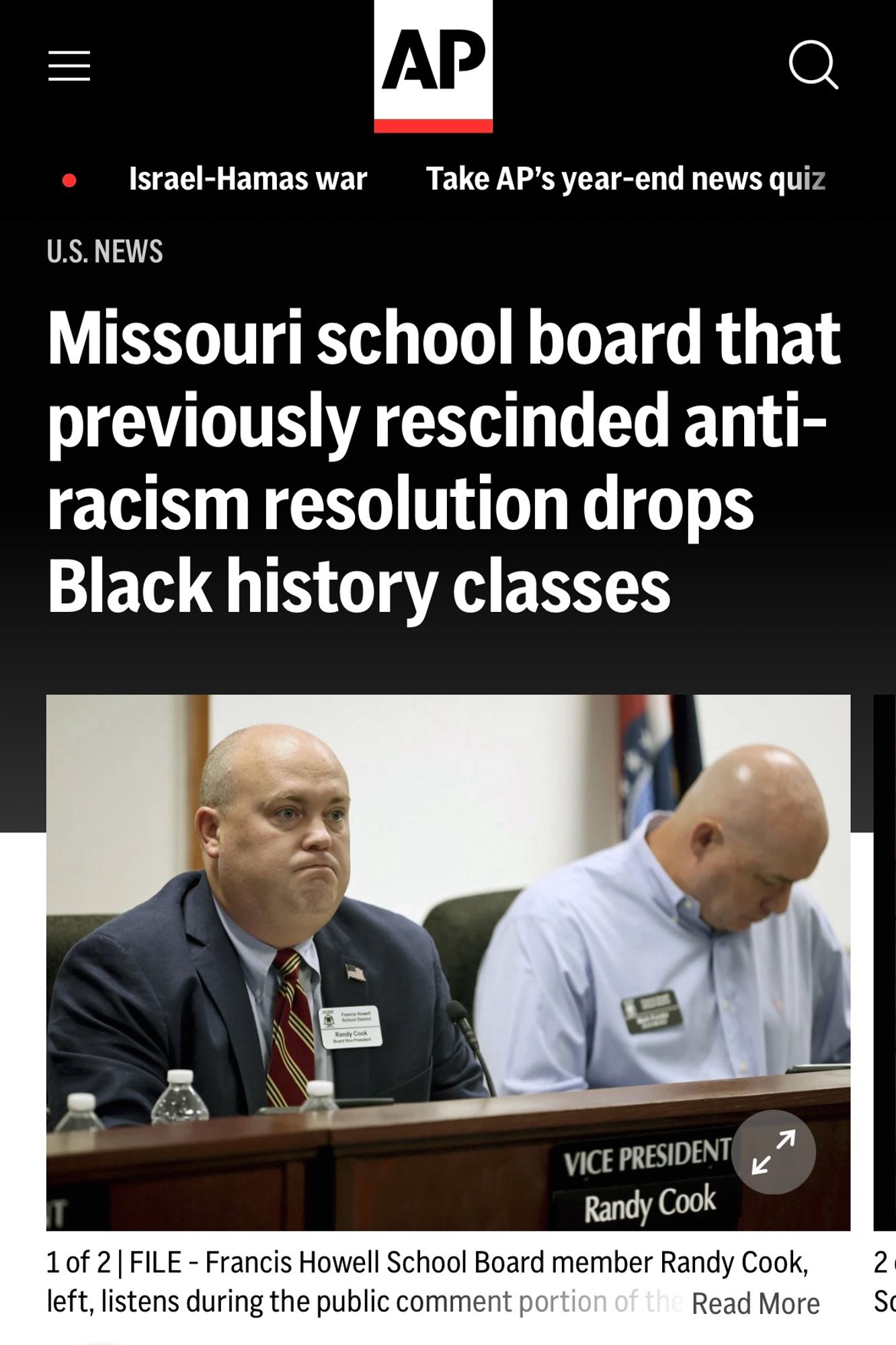 ap headline from december 2023

Missouri school board that previously rescinded anti~ racism resolution drops
Black history classes