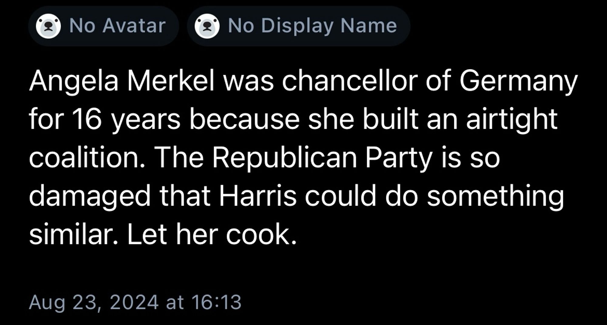 skeet from someone: Angela Merkel was chancellor of Germany for 16 years because she built an airtight coalition. The Republican Party is so damaged that Harris could do something similar. Let her cook.