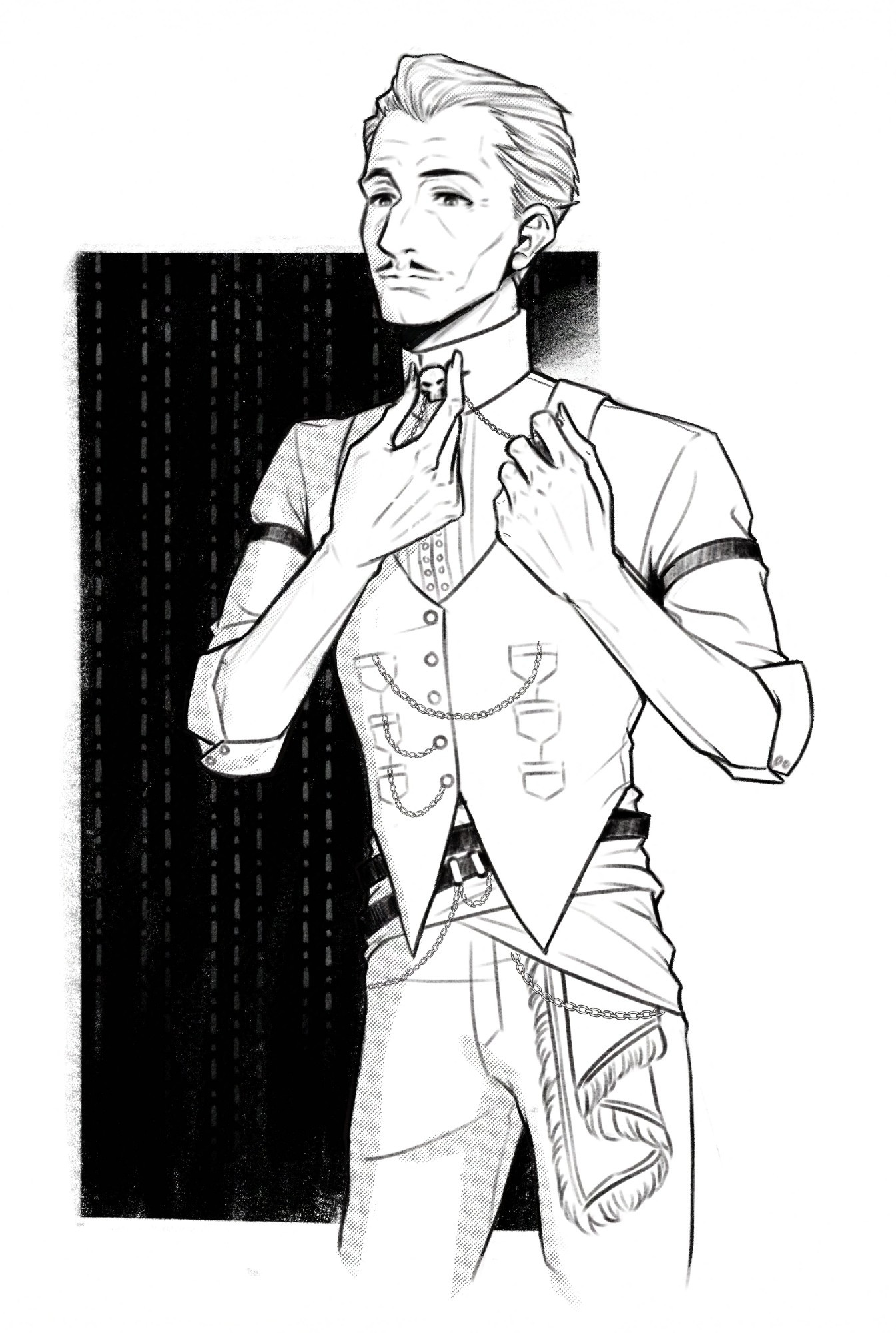 Emmrich's carefully putting on his collar pin, his arms bare of adornments this time.