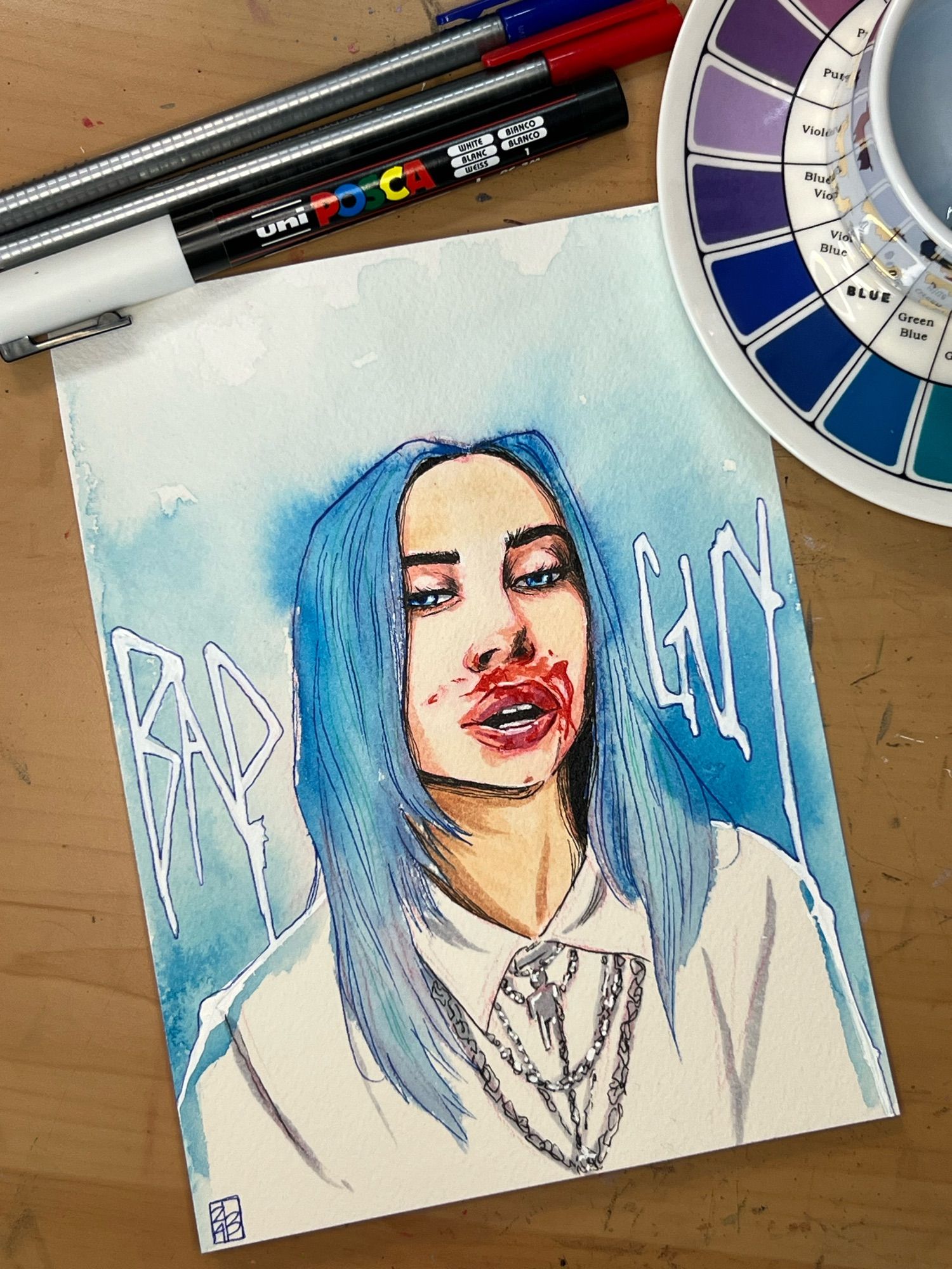 Water color painting of singer Billie Eilish from her music video “Bad Guy”