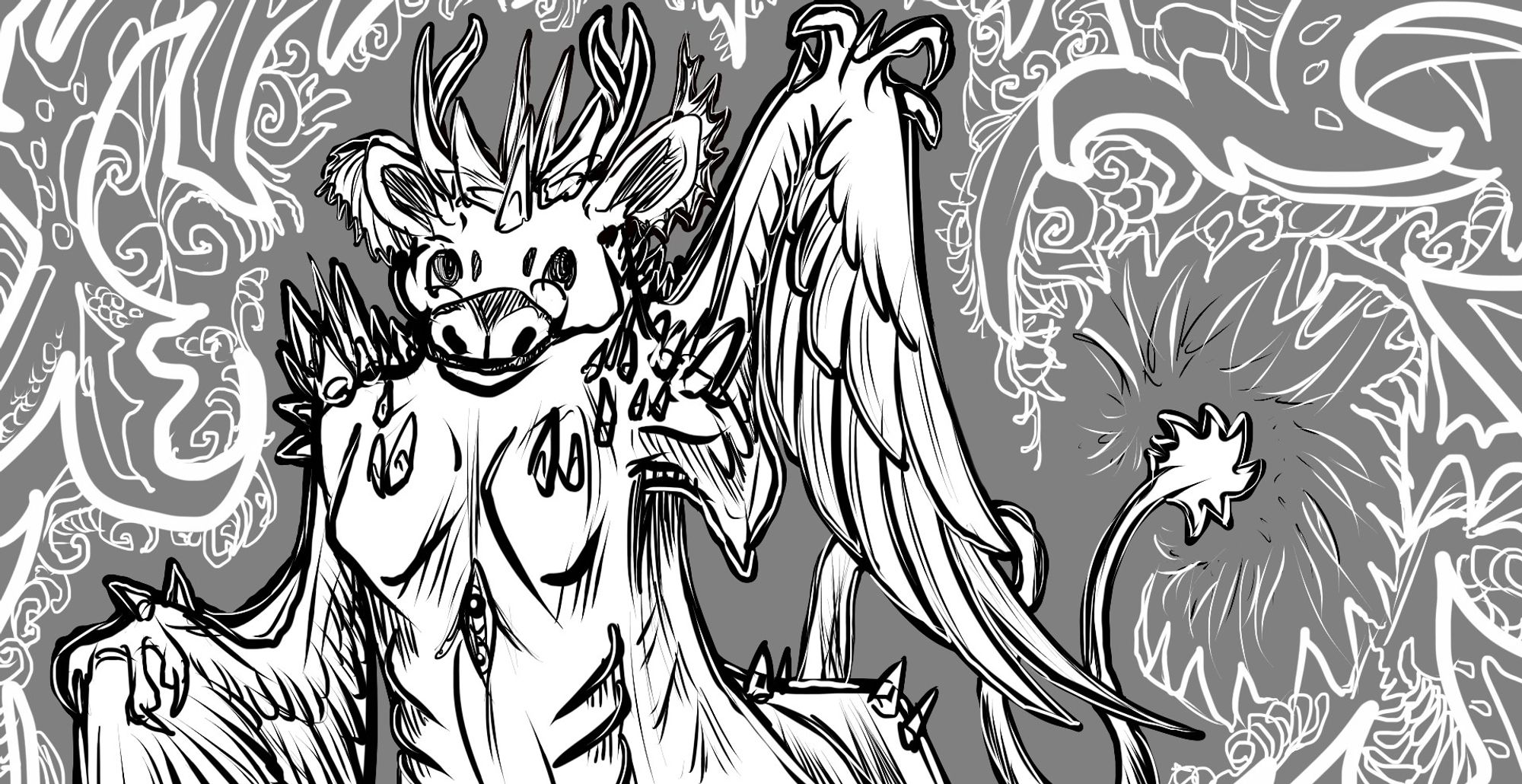 weird cowtaur with a lion tail and bizarre claw wing arms and antlers and a cow head and spikes on a swirly abstract background, black and white and gray digital sketch