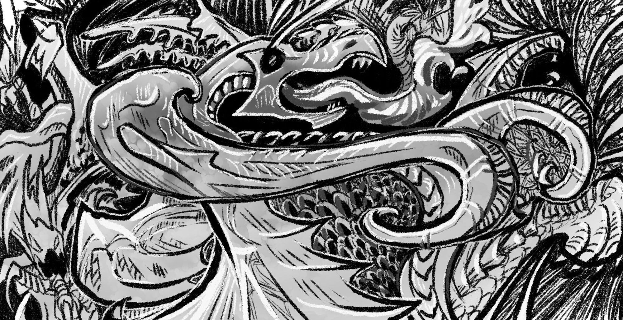 very abstract...dragony...thing. Black and white digital sketch.