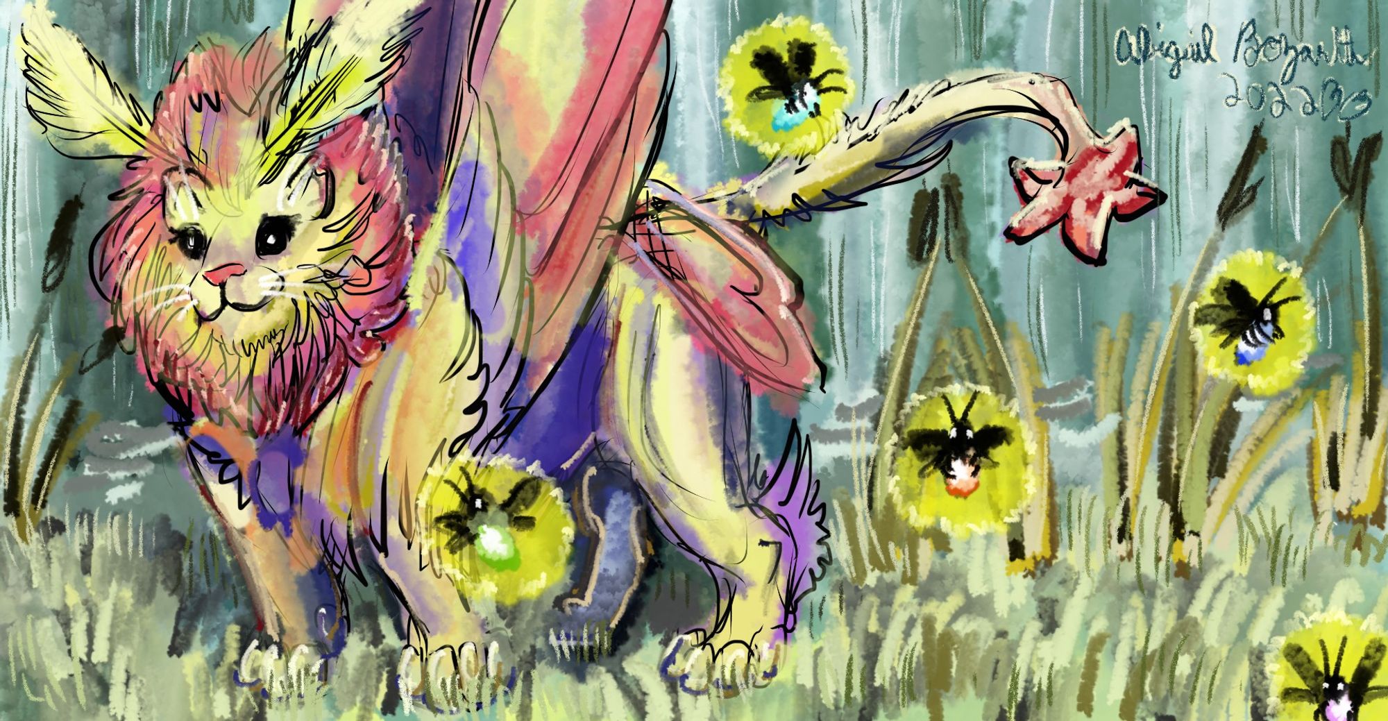 rosy maple moth lion- pink and yellow and purple cute lion with moth wings and antaennae, chilling near a waterfall surrounded by multicolored fireflies, digital sketch in a watercolor and pen style