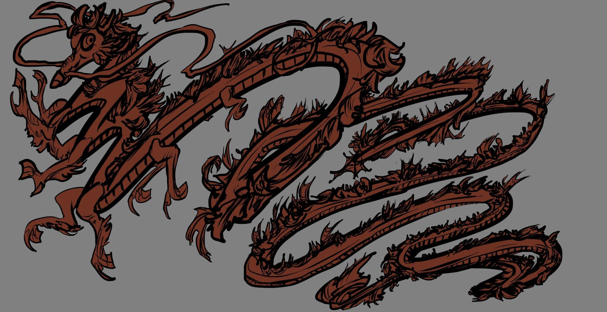 digital sketch of a red noodly noodle dragon. very long, lots of legs