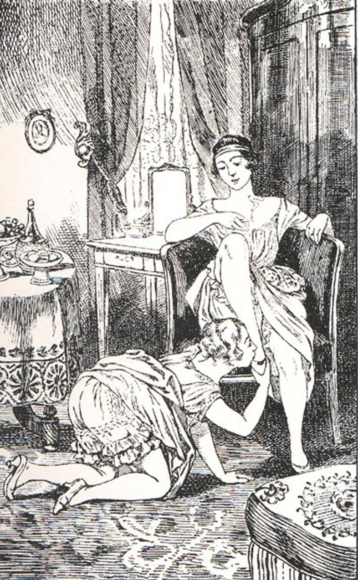 A Martin van Maële illustration showing two women in a room, one on the floor bent over revealing her bloomers or whatever that old underwear is called, kissing the shoe of another woman seated in a chair.