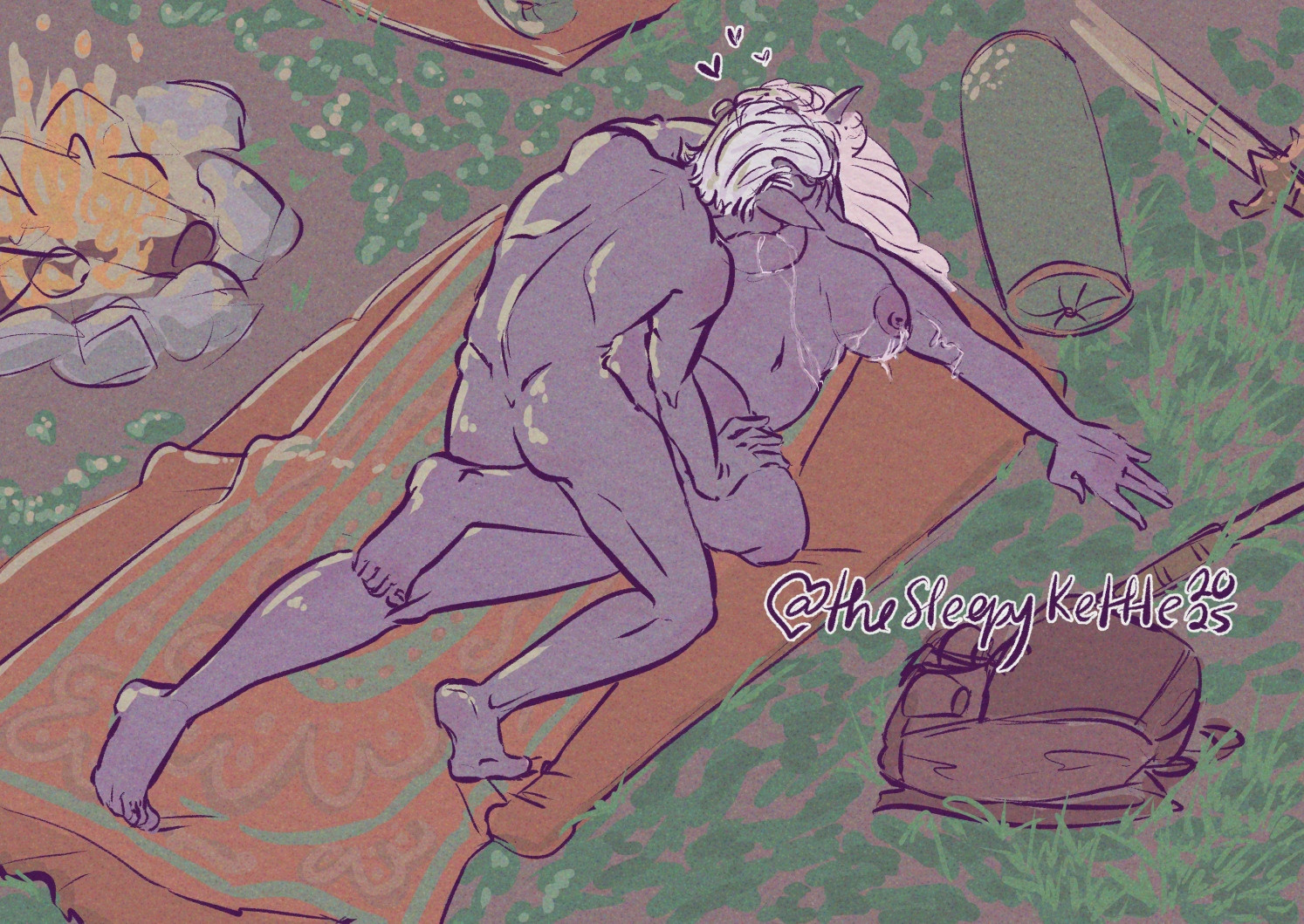 Two drow tavs in the BG3 camp setting, naked in a bedroll, with the male drow on top holding down the larger female drow under him, using his weight to twist her body. The female elf is lactating and the male elf has his mouth at her breast. There are hearts coming from them indicating enthusiastic consent. OCs Chasmas and Gwendynne by @thesleepykettle