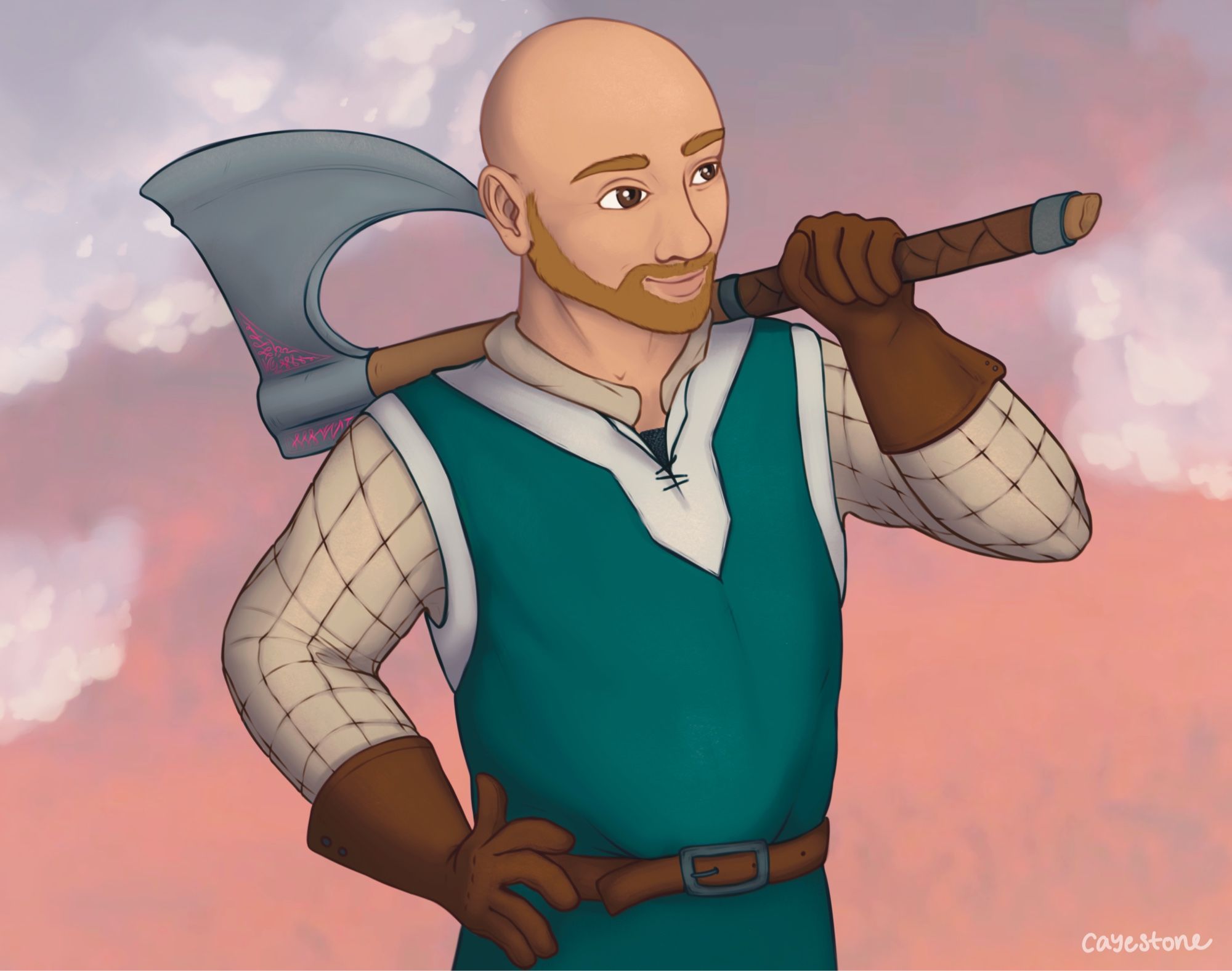 digital art of a white bald male in a teal and biege cloth armor set, holding a broad axe over his shoulder and grinning. there is a pink sunrise sky with clouds behind him