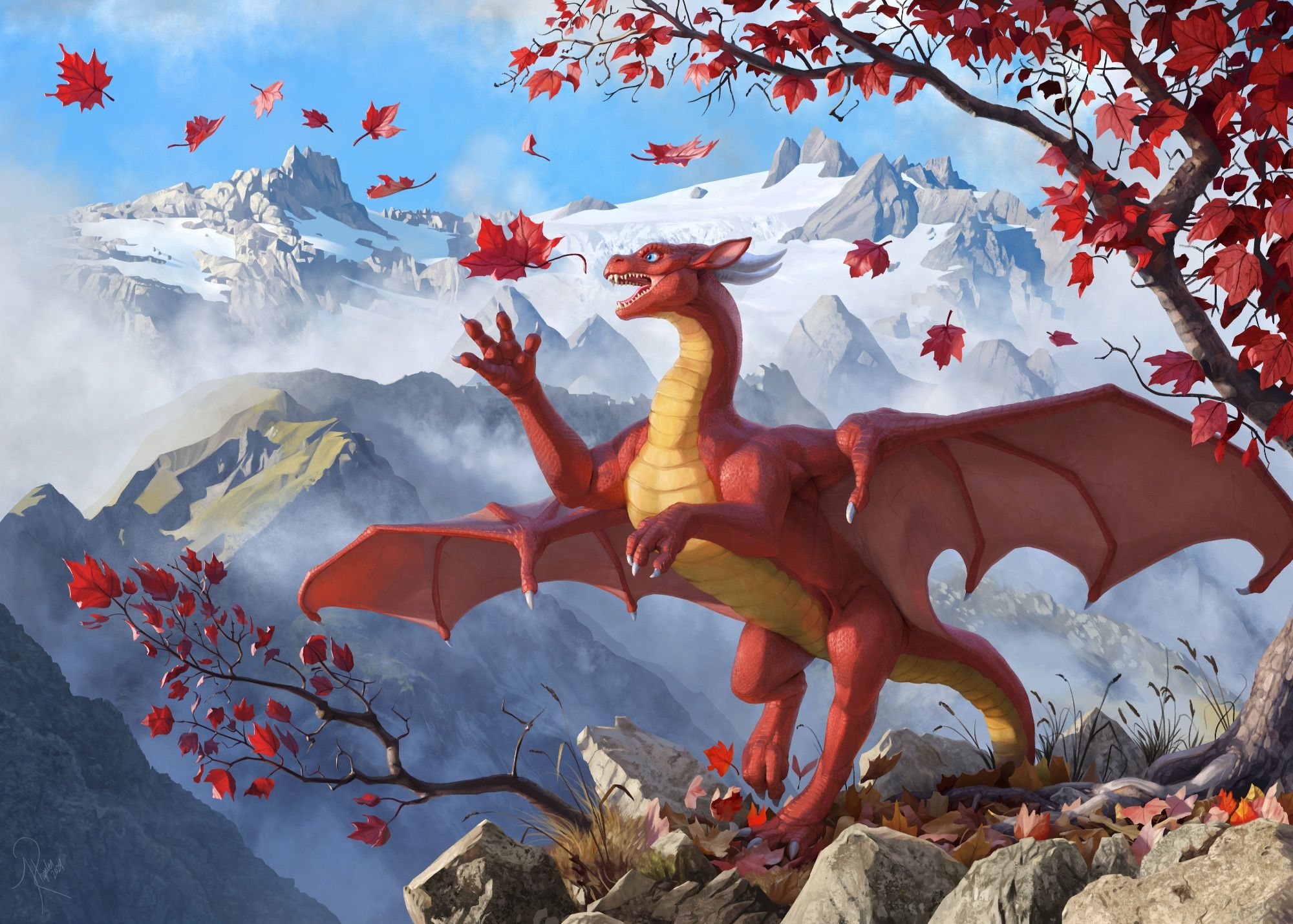 A red dragon dances with falling leaves in the mountains.