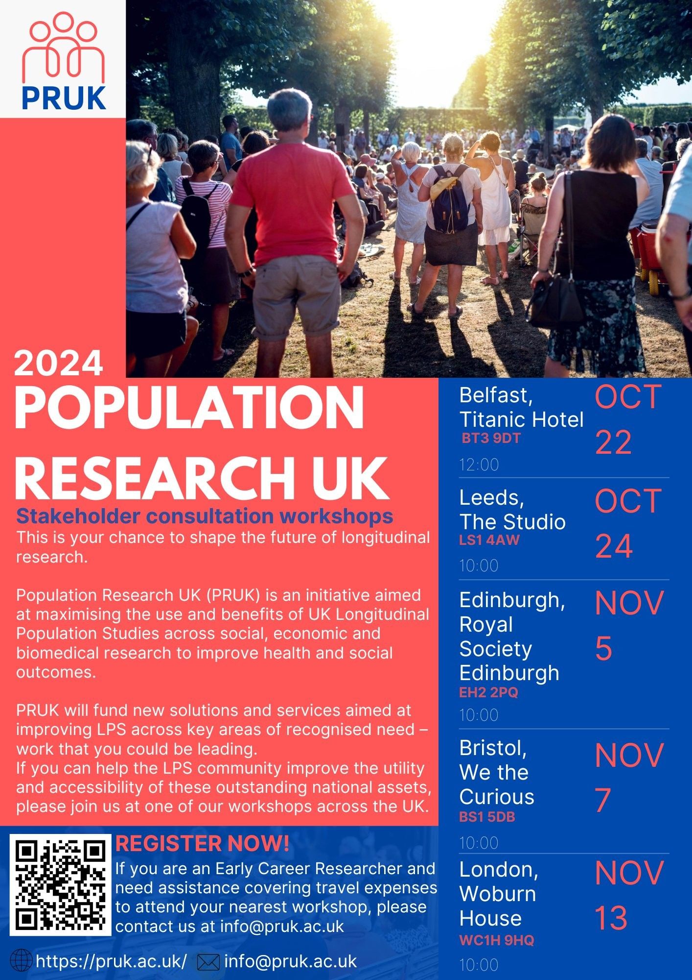 Flyer with details of each of the stakeholder consultation workshops being held by Population Research UK in October and November 2024. Full details are on the pruk.ac.uk website.