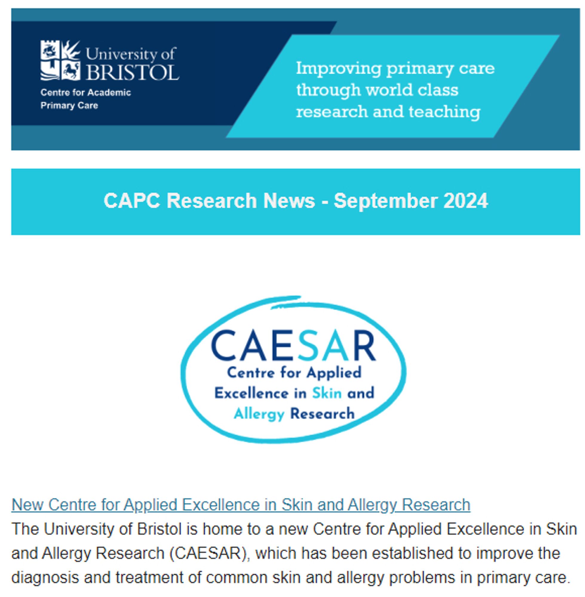 First page of our newsletter - CAPC Research News - September 2024. Leads tory 'New Centre for Applied Excellence in Skin and Allergy Research.