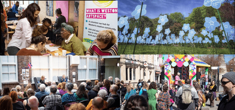 Montage of four photographs of the Good Grief Weston Festival: one a group of women at a table engaged in an art activity; the second an art installation of forget-me-nots in a park; the third a seated crowd listening to speakers at an event; the fourth entertainers performing for a street crowd.