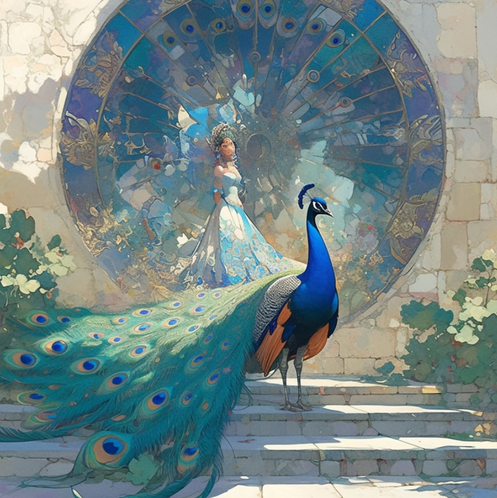 （prompt）

A peacock walks with its feathers spread out like a fan, the remains of a crumbling white ruin. Lush clover all over the ground Art Nouveau Alphonse Mucha Godiva Renoir Claude Monet Watercolour Fantastic Jordan Sajoux