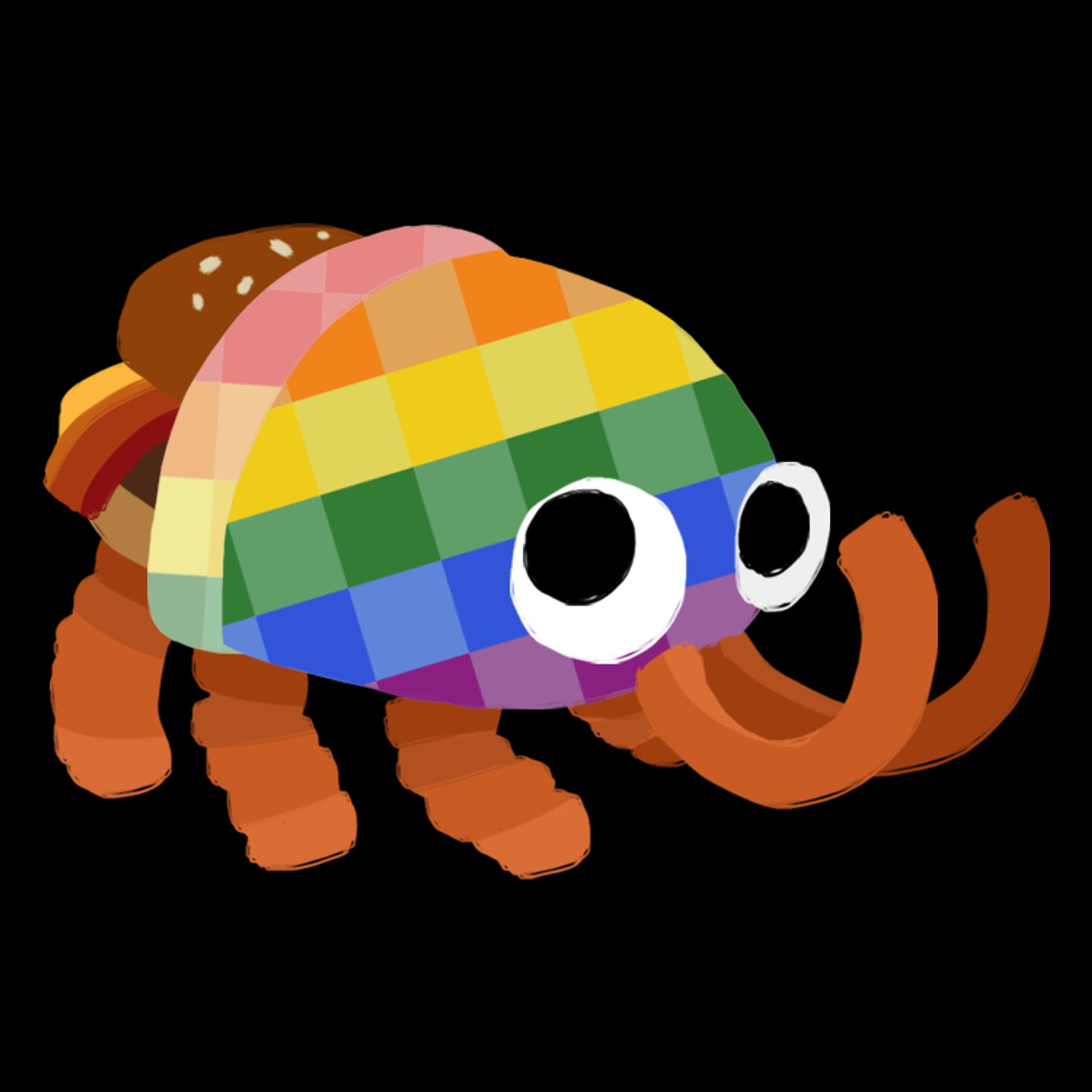 A sticker of beloved Bugsnak BBQ Bunger wrapped in a checkered wrapper in rainbow colors. It wants you to have a safe and fun Pride month