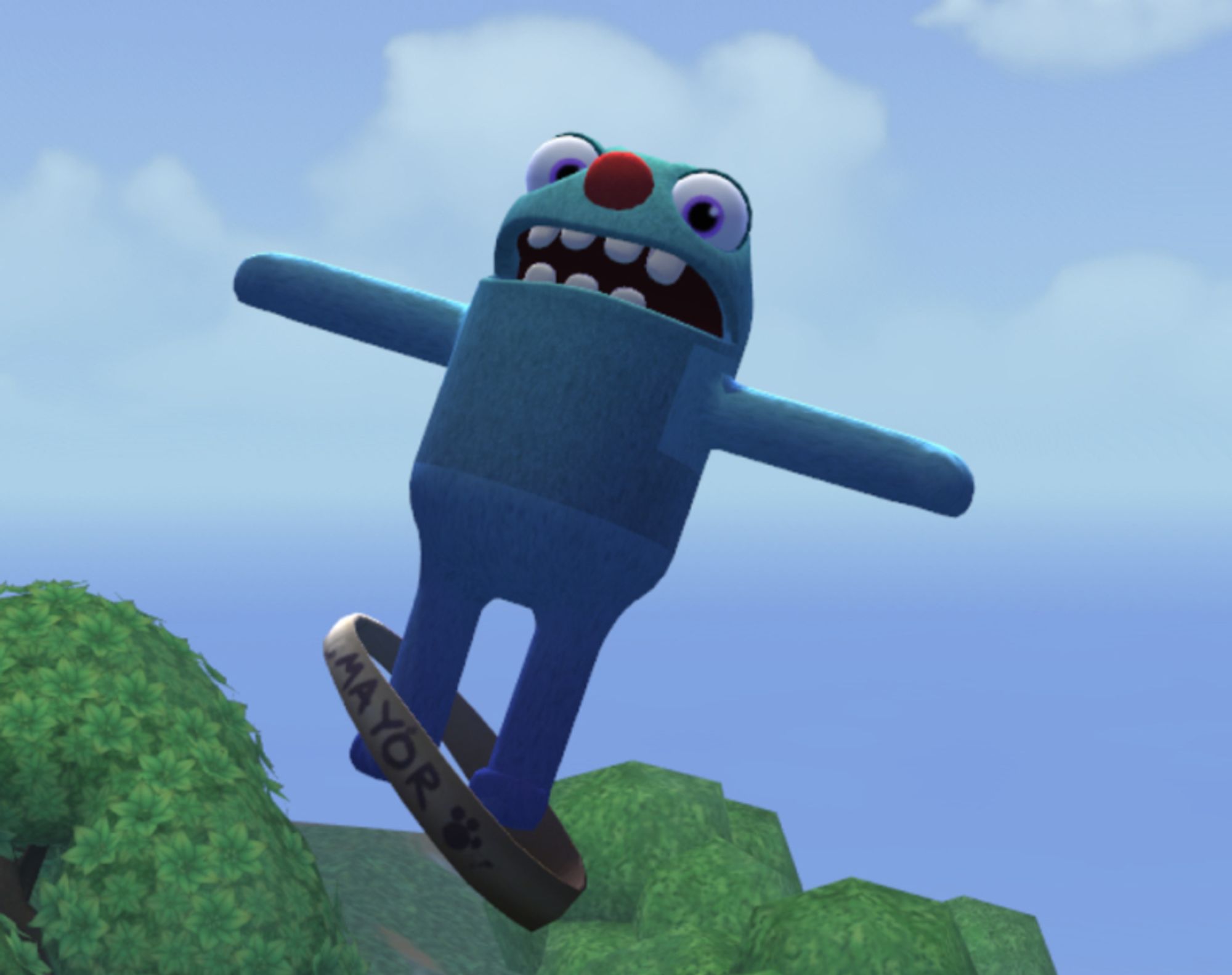 An in-game image of Filbo from Bugsnax t-posing in the sky with his mayor's sash falling below his feet. He is staring at the camera in an expression of shock and betrayal.