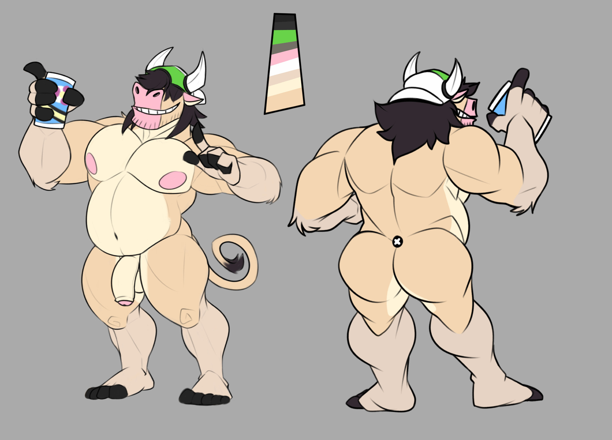 Ref sheet of a fit white and tan bull, naked save for a green and white baseball cap worn backwards.

He is also holding a nondescript beer can and pointing with it in a friendly manner.