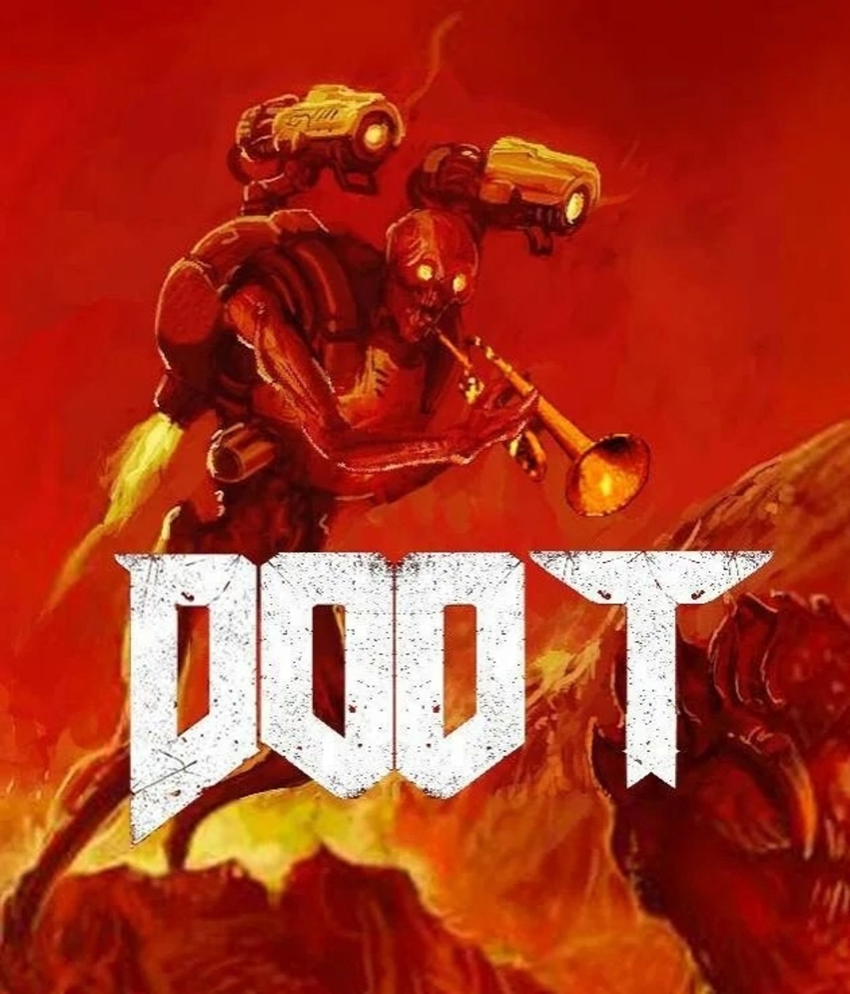 A red hue drawing showing a creature from the Doom series, called a revenant. It is a skeletal construct with shoulder mounted weapons. This picture was modified to give the creature a trumpet and the "Doom" text was modified to be "Doot", reminiscent of a single note on a horn instrument.