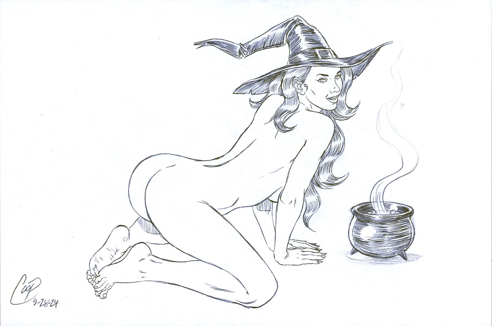 drawing of a nude witch on hands and knees in front of a tiny cauldron