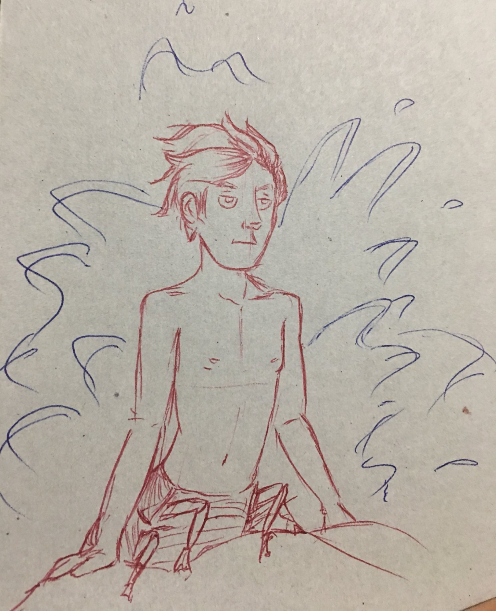 A red ballpen doodle of Armitage Hux doing the pose where Little mermaid leans on a rock, but he's half shrimp