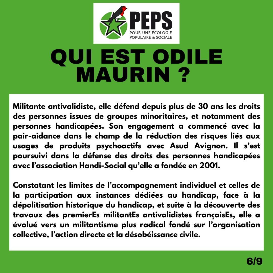 Titre : Qui est Odile Maurin ? 
Militante antivalidiste, elle défend depuis plus de 30 ans les droits des personnes issues de groupes minoritaires, et notamment des personnes handicapées. Son engagement a commencé avec la pairaidance dans le champ de la réduction des risques liés aux usages de produits psychoactifs avec Asud Avignon. Il s’est poursuivi dans la défense des droits des personnes handicapées avec l’association Handi-Social qu’elle a fondée en 2001.  
Constatant les limites de l’accompagnement individuel et celles de la participation aux instances dédiées au handicap, face à la dépolitisation historique du handicap, et suite à la découverte des travaux des premierEs militantEs antivalidistes françaisEs, elle a évolué vers un militantisme plus radical fondé sur l’organisation collective, l’action directe et la désobéissance civile.